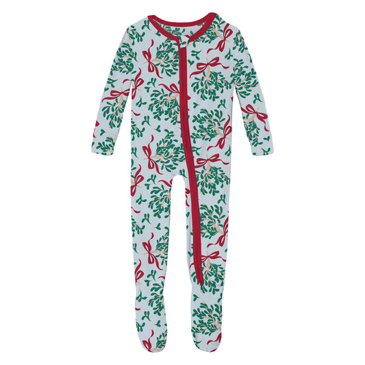 Print Footie with 2 Way Zipper in Illusion Blue Mistletoe & Ribbons (298022)