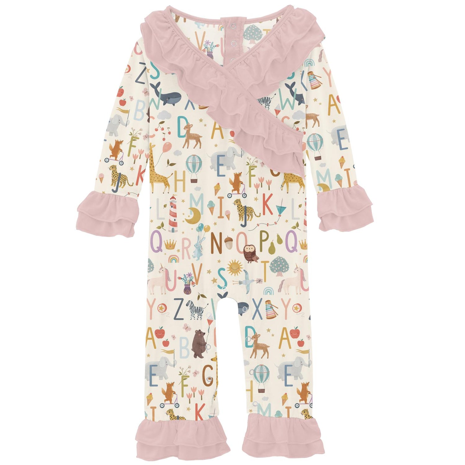 Print Long Sleeve Kimono Double Ruffle Romper in Animal Alphabet (372788)