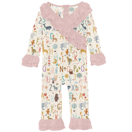 Print Long Sleeve Kimono Double Ruffle Romper in Animal Alphabet (372788)