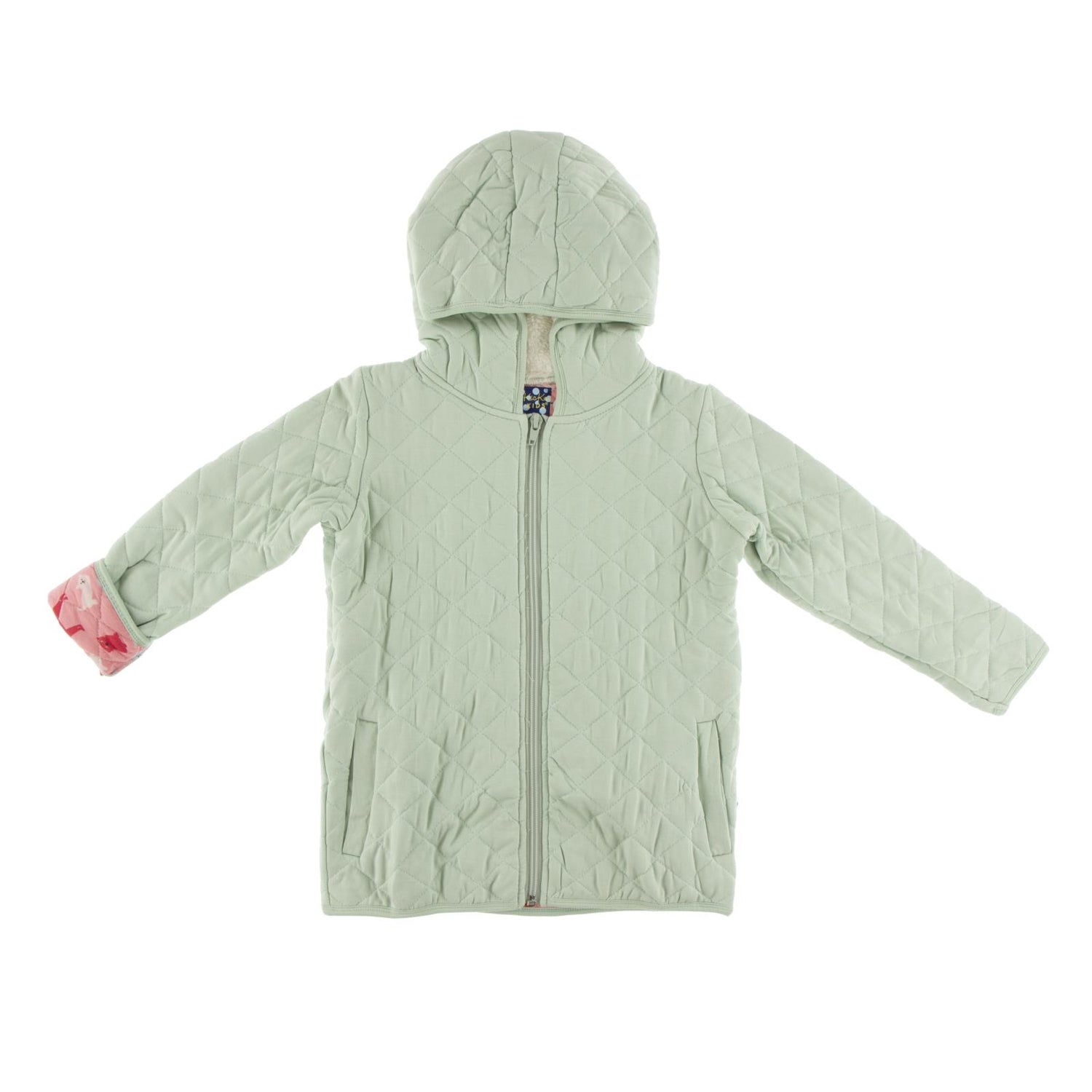 Print Quilted Jacket with Sherpa-Lined Hood in Aloe/Strawberry Domestic Animals (114733)