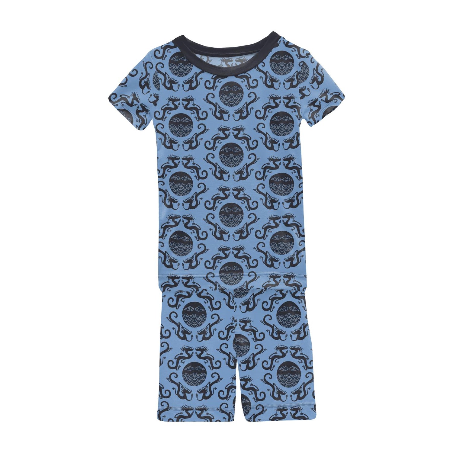 Print Short Sleeve Pajama Set with Shorts in Dream Blue Four Dragons (270843)