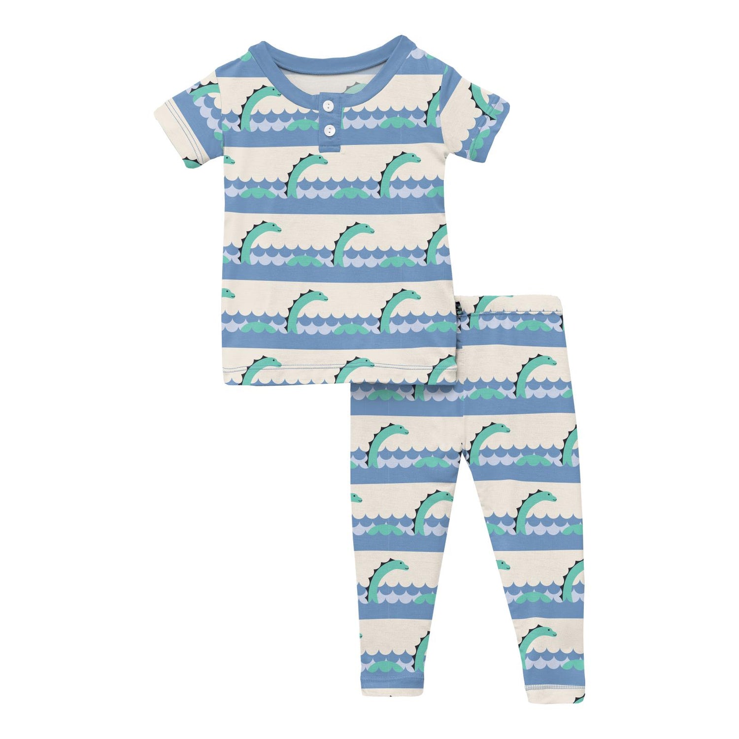 Print Short Sleeve Henley Pajama Set in Natural Sea Monster (270963)