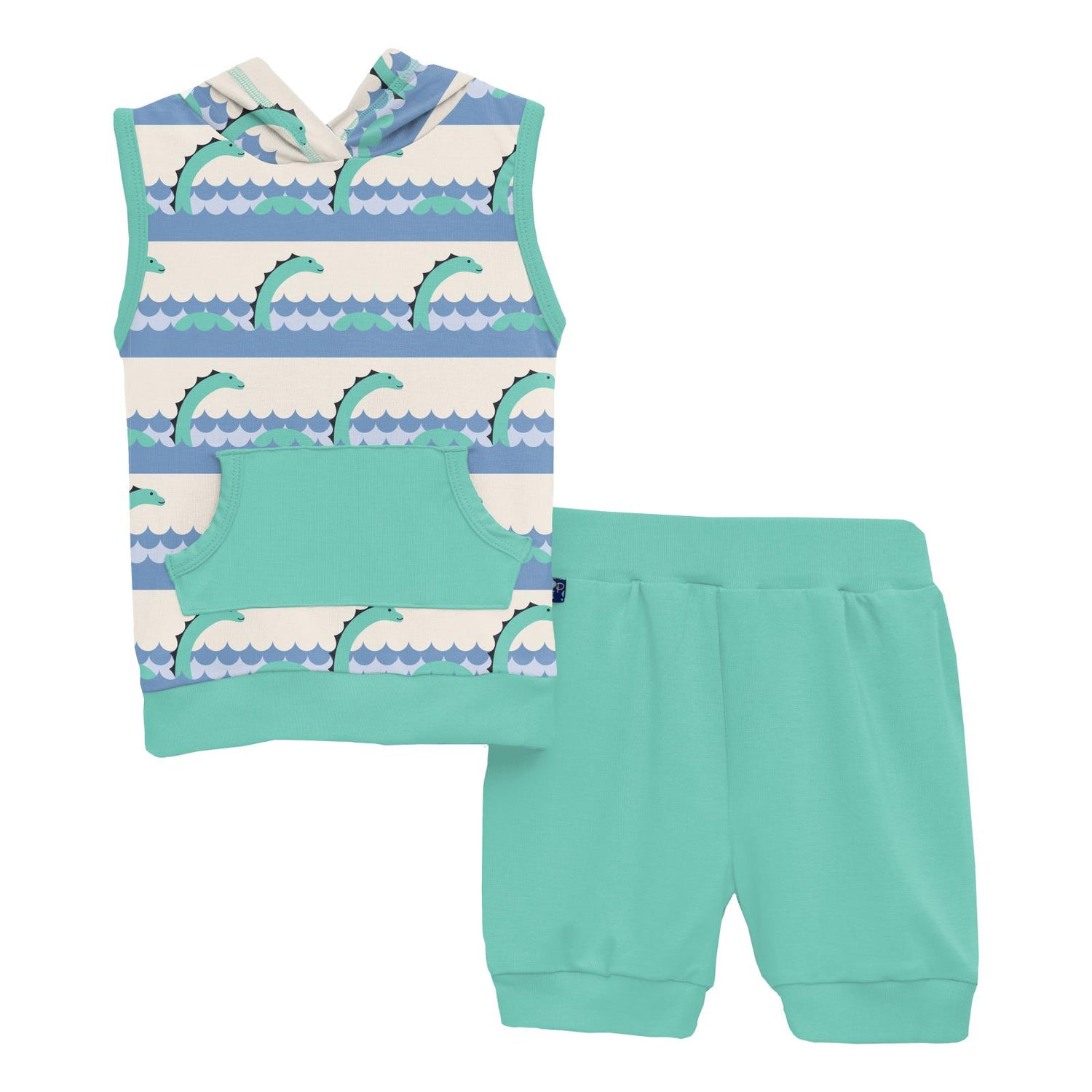 Print Short Sleeve Hoodie Tank Outfit Set in Natural Sea Monster (271761)