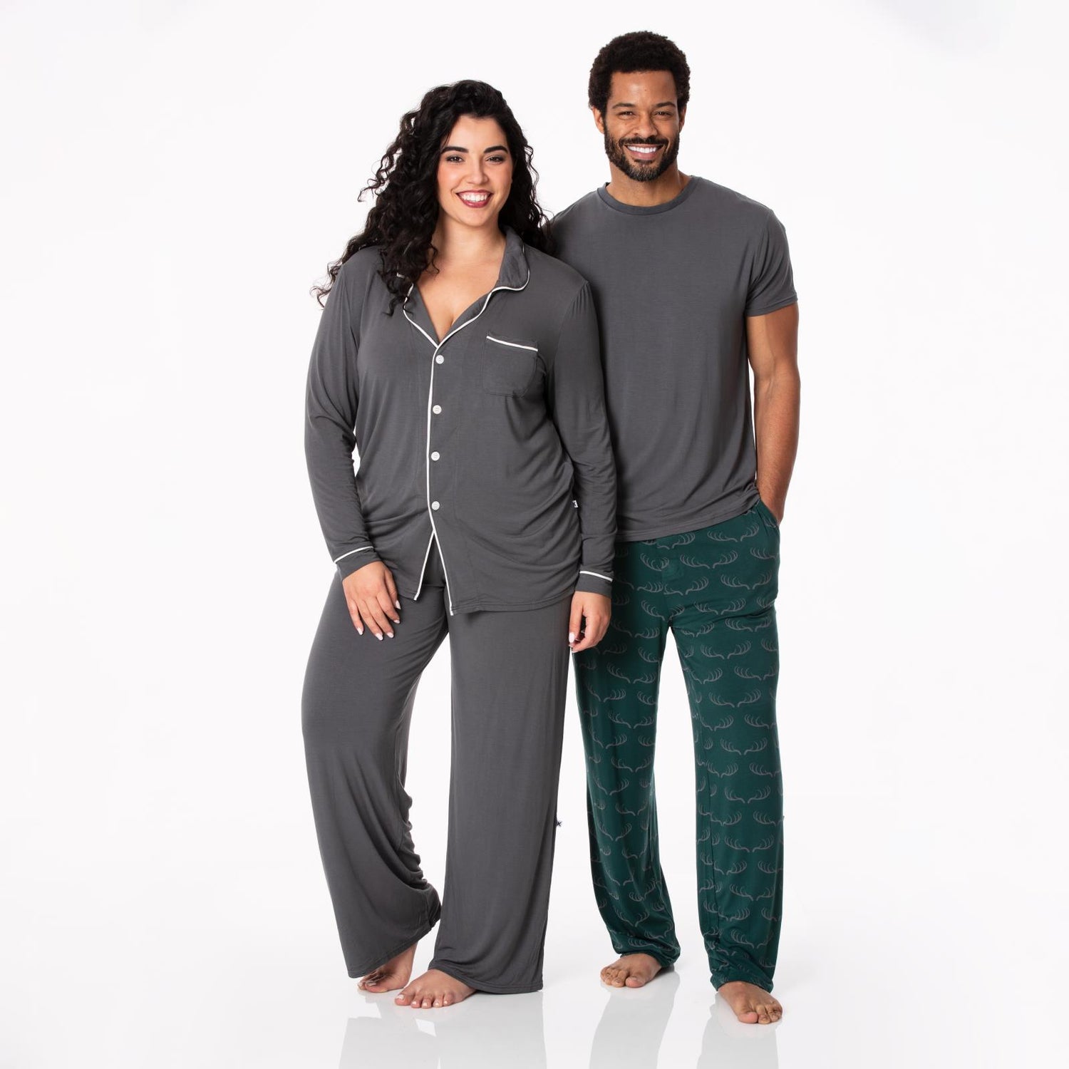 Women's Long Sleeved Collared Pajama Set in Stone with Natural (120678)