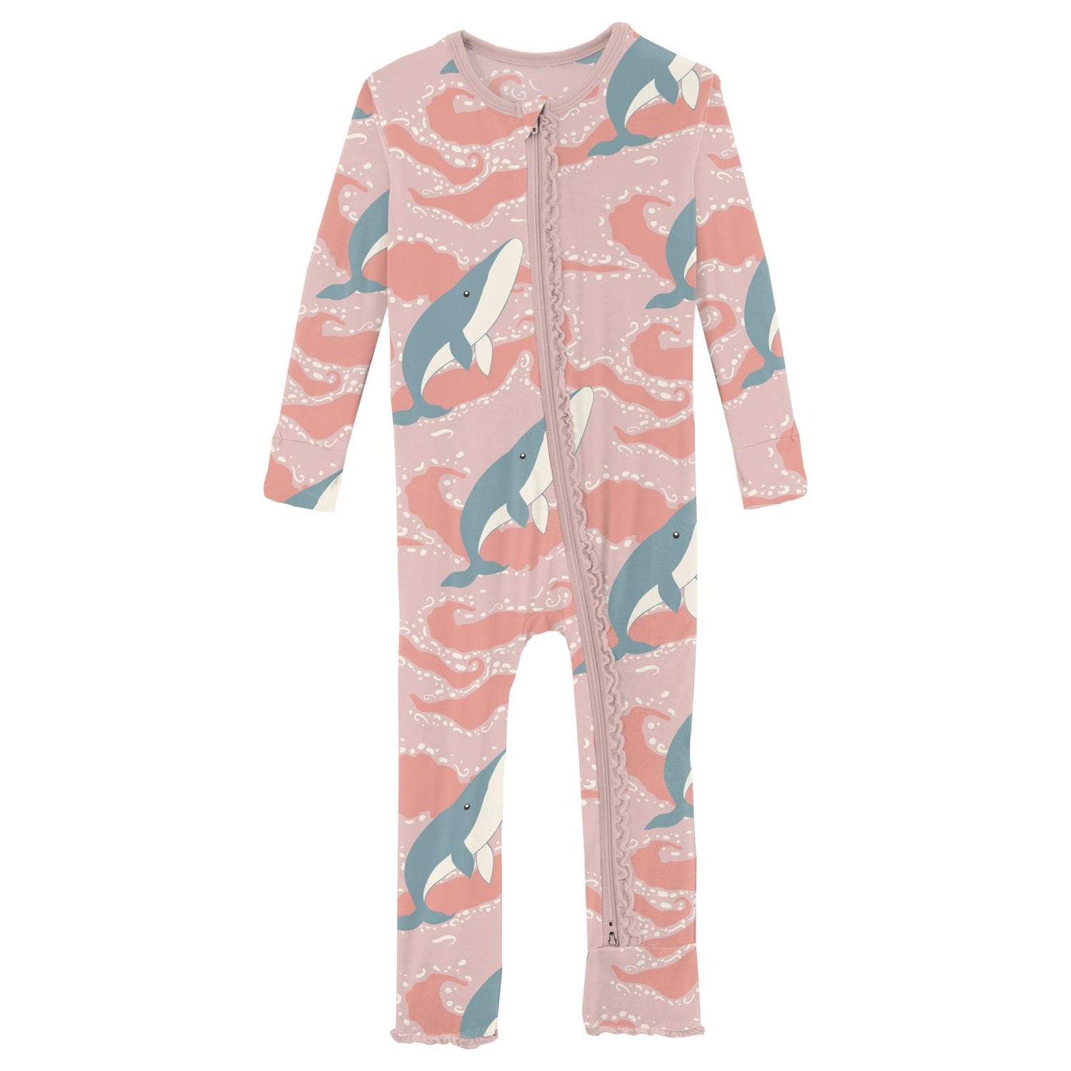 Print Muffin Ruffle Coverall with 2 Way Zipper in Baby Rose Splashing Whales (312913)