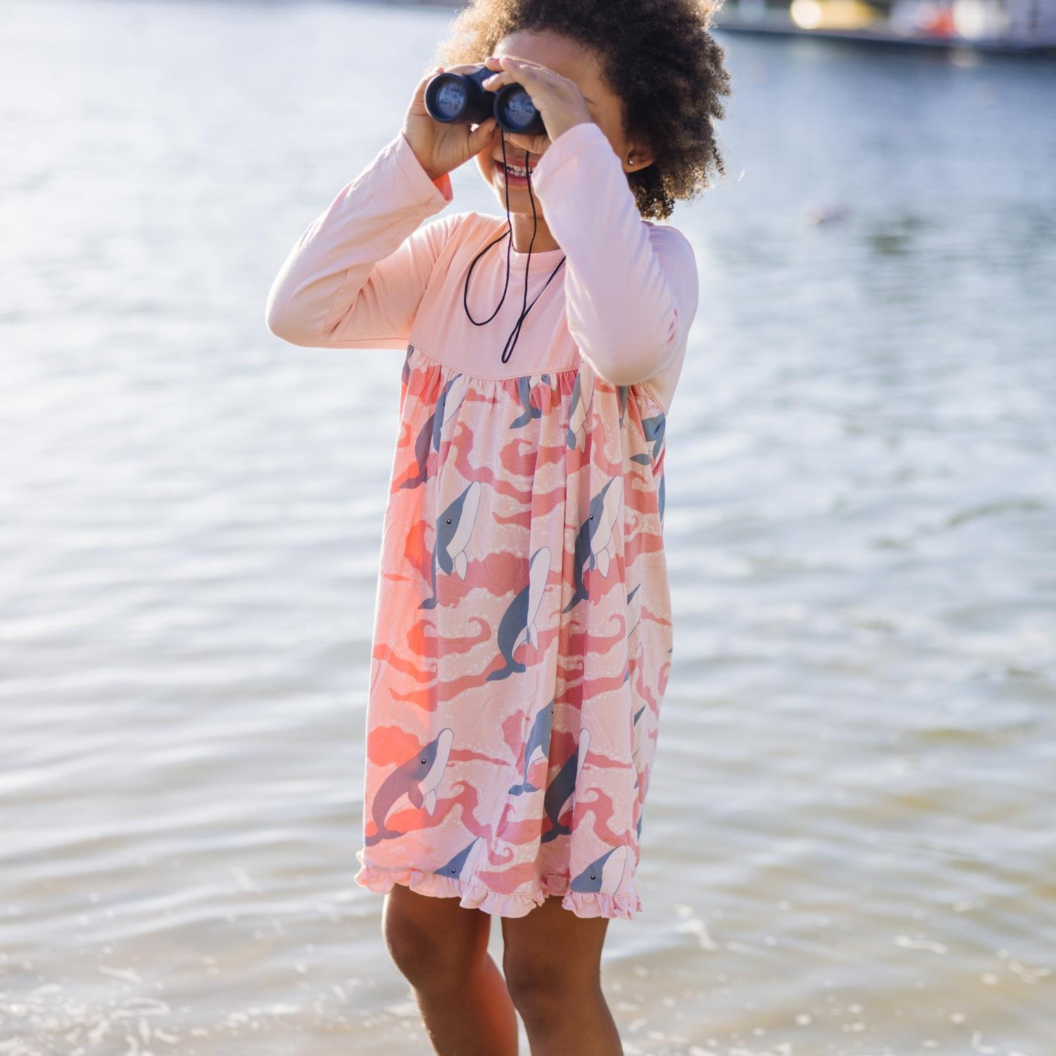 Print Long Sleeve Swing Dress in Baby Rose Splashing Whales (312927)