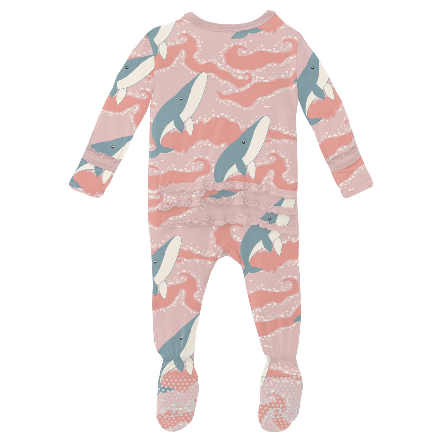 Print Muffin Ruffle Footie with 2 Way Zipper in Baby Rose Splashing Whales (312935)