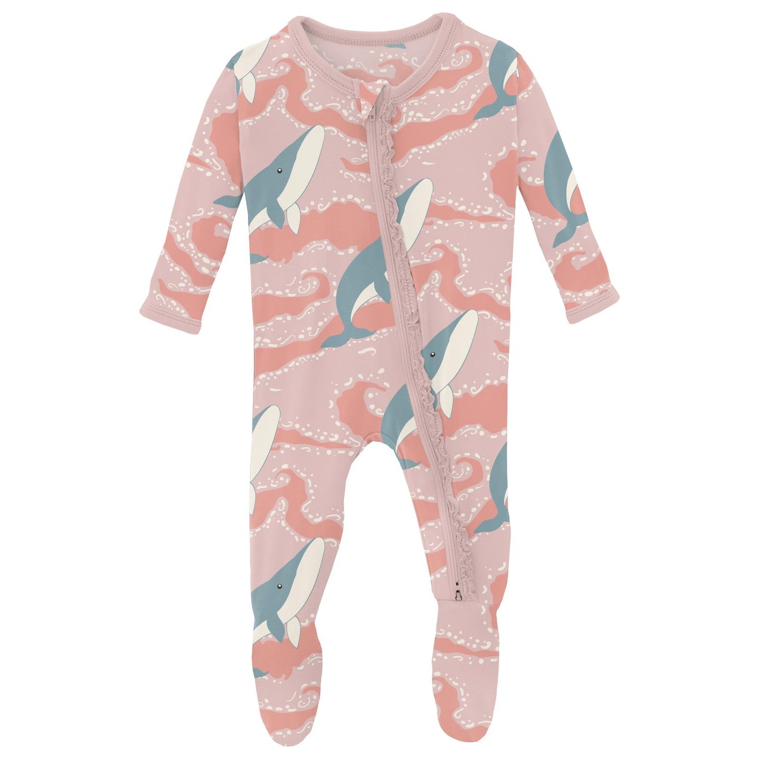 Print Muffin Ruffle Footie with 2 Way Zipper in Baby Rose Splashing Whales (312944)
