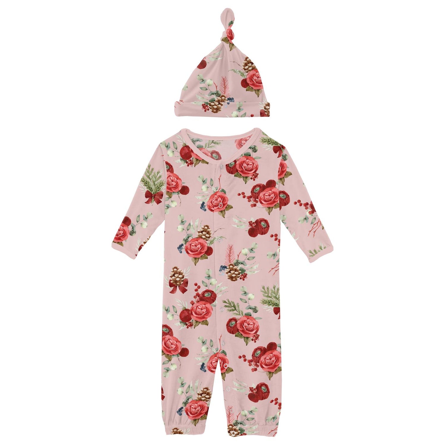 Print Layette Gown Converter & Single Knot Hat Set in Baby Rose Holiday Floral (343039)