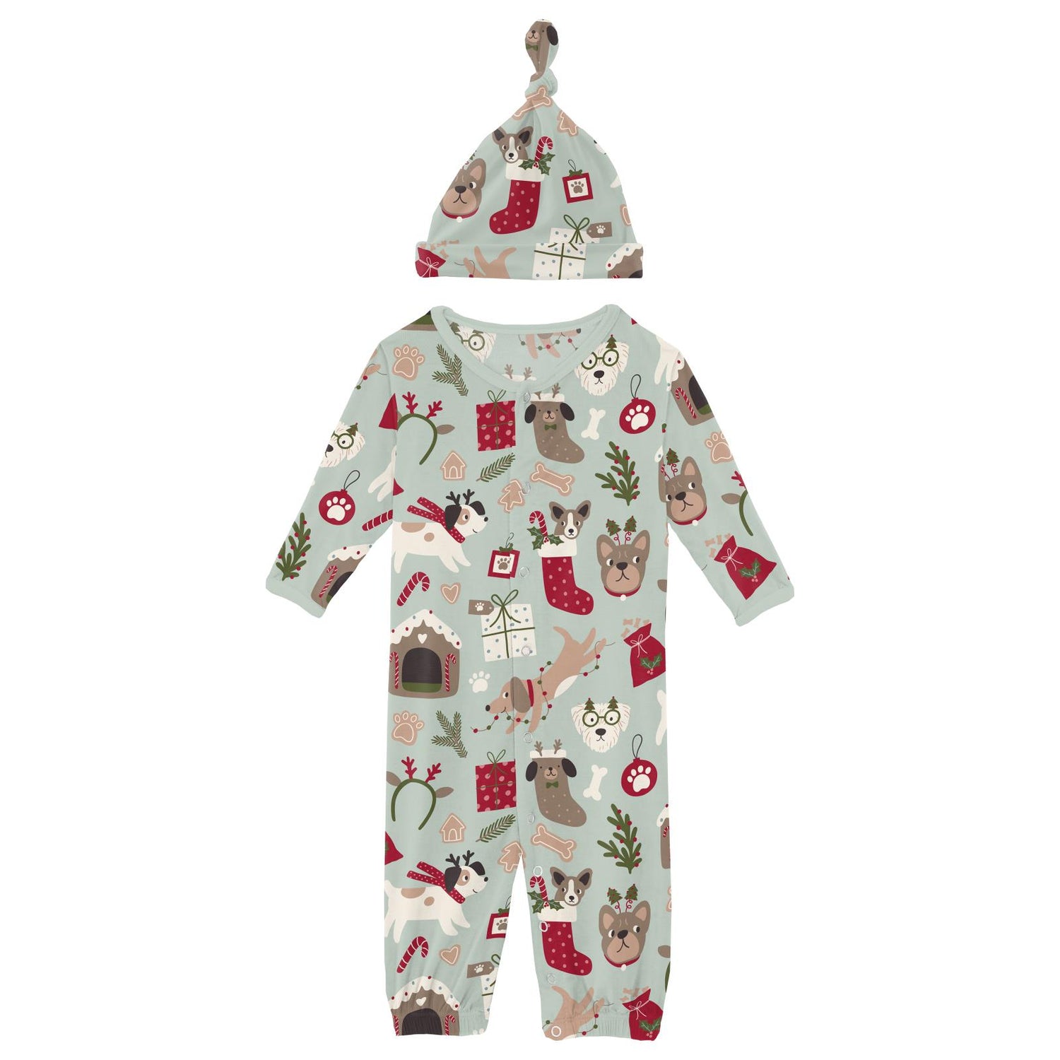 Print Layette Gown Converter & Single Knot Hat Set in Aloe Christmas Dogs (343120)