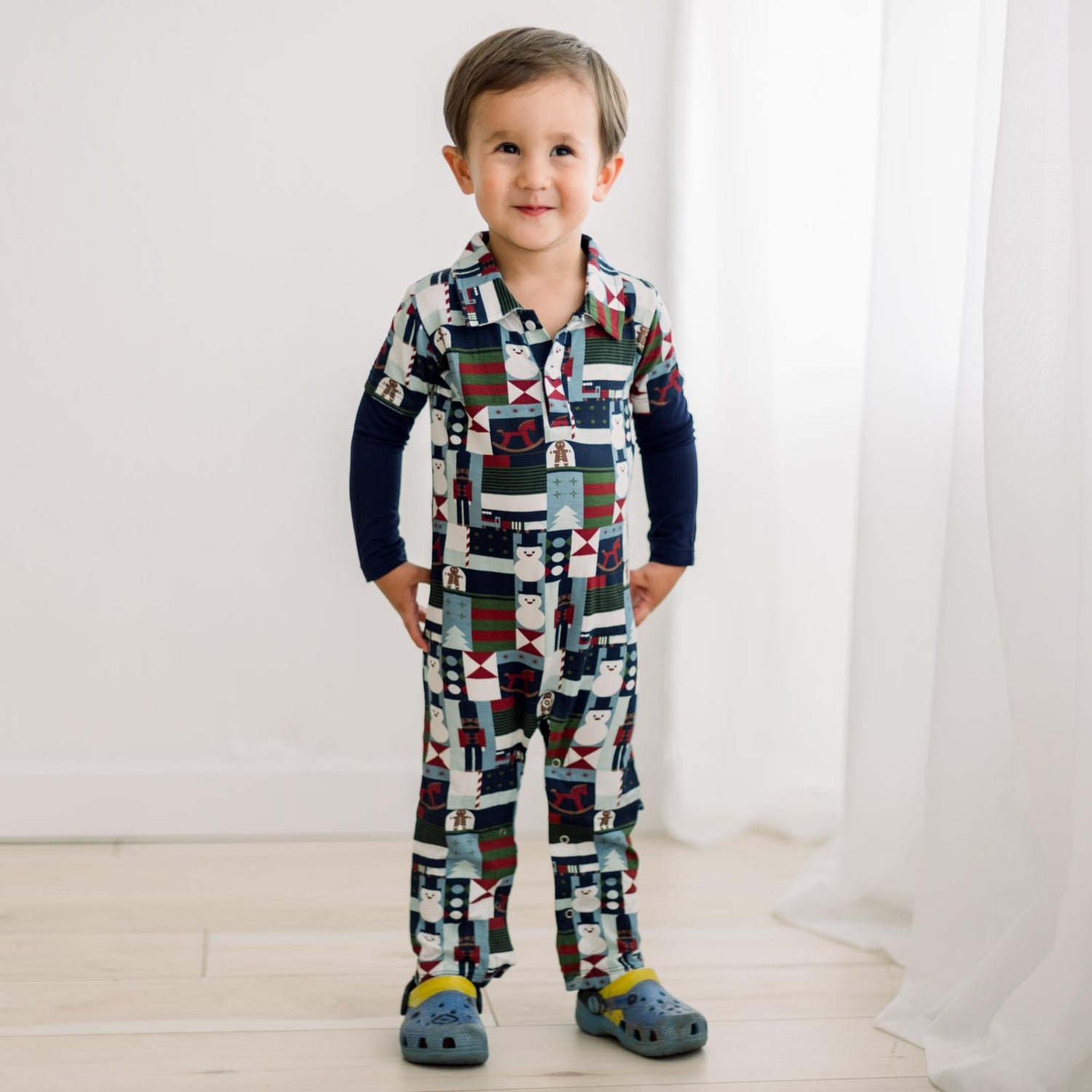 Print Long Sleeve Double Layer Polo Romper in Peacoat Mod Christmas (343169)