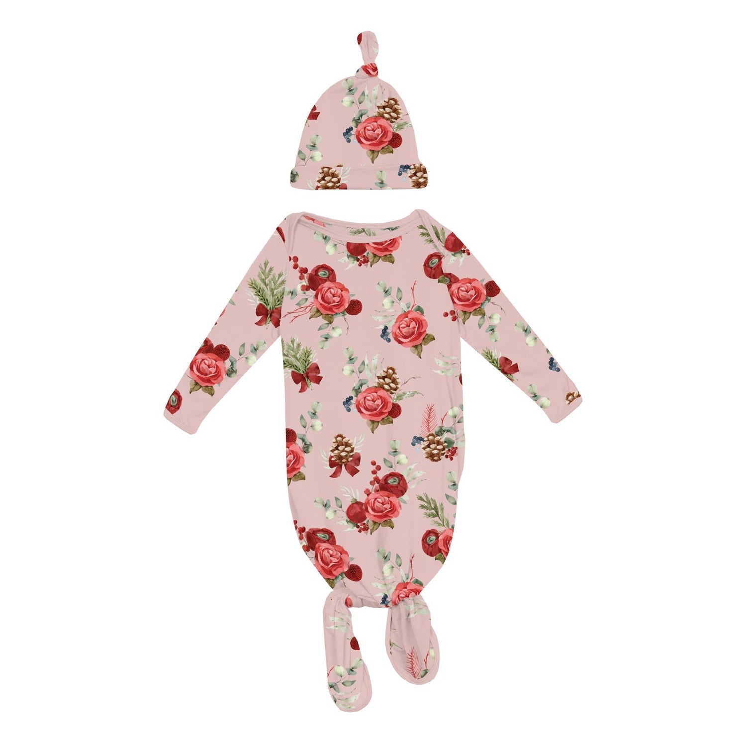 Print Knotted Layette Gown & Hat Set in Baby Rose Holiday Floral (343162)