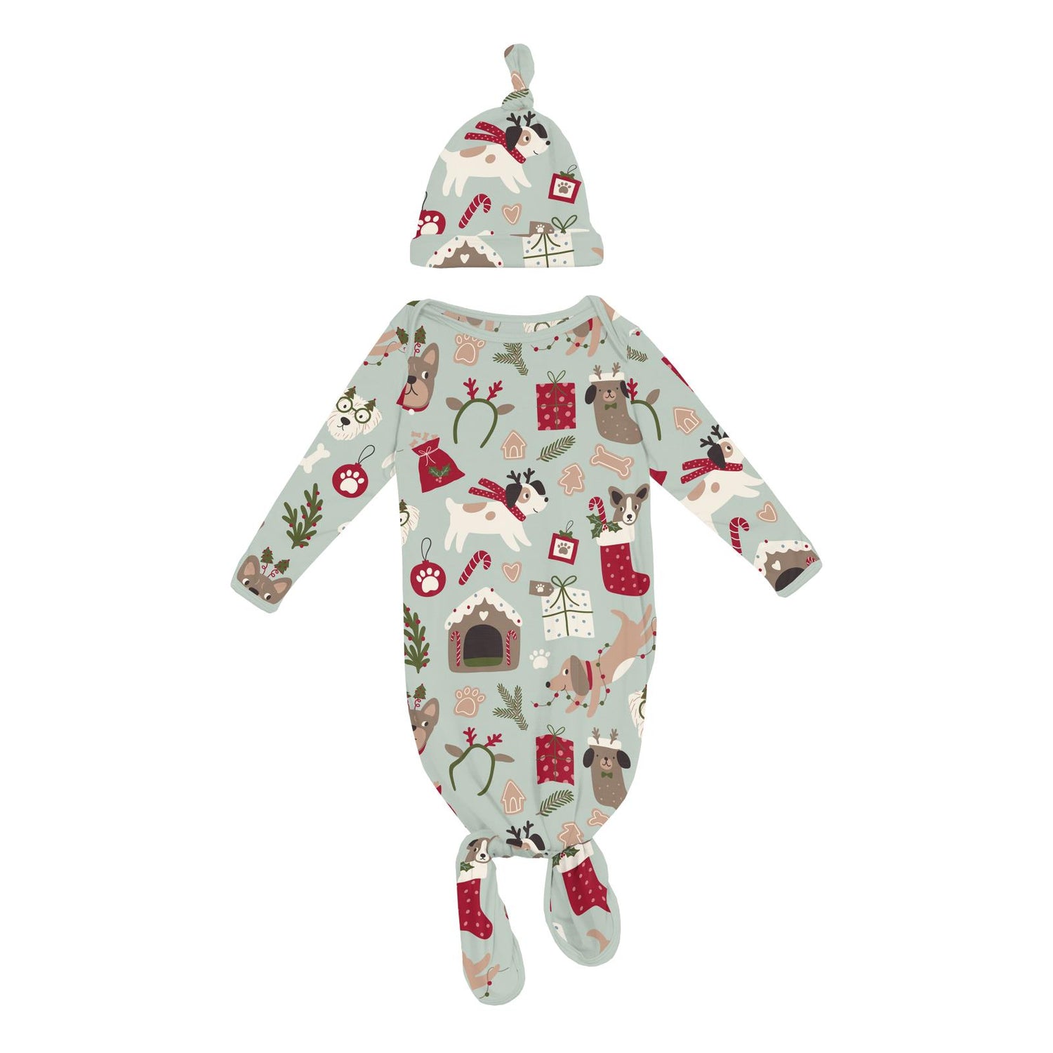 Print Knotted Layette Gown & Hat Set in Aloe Christmas Dogs (343186)