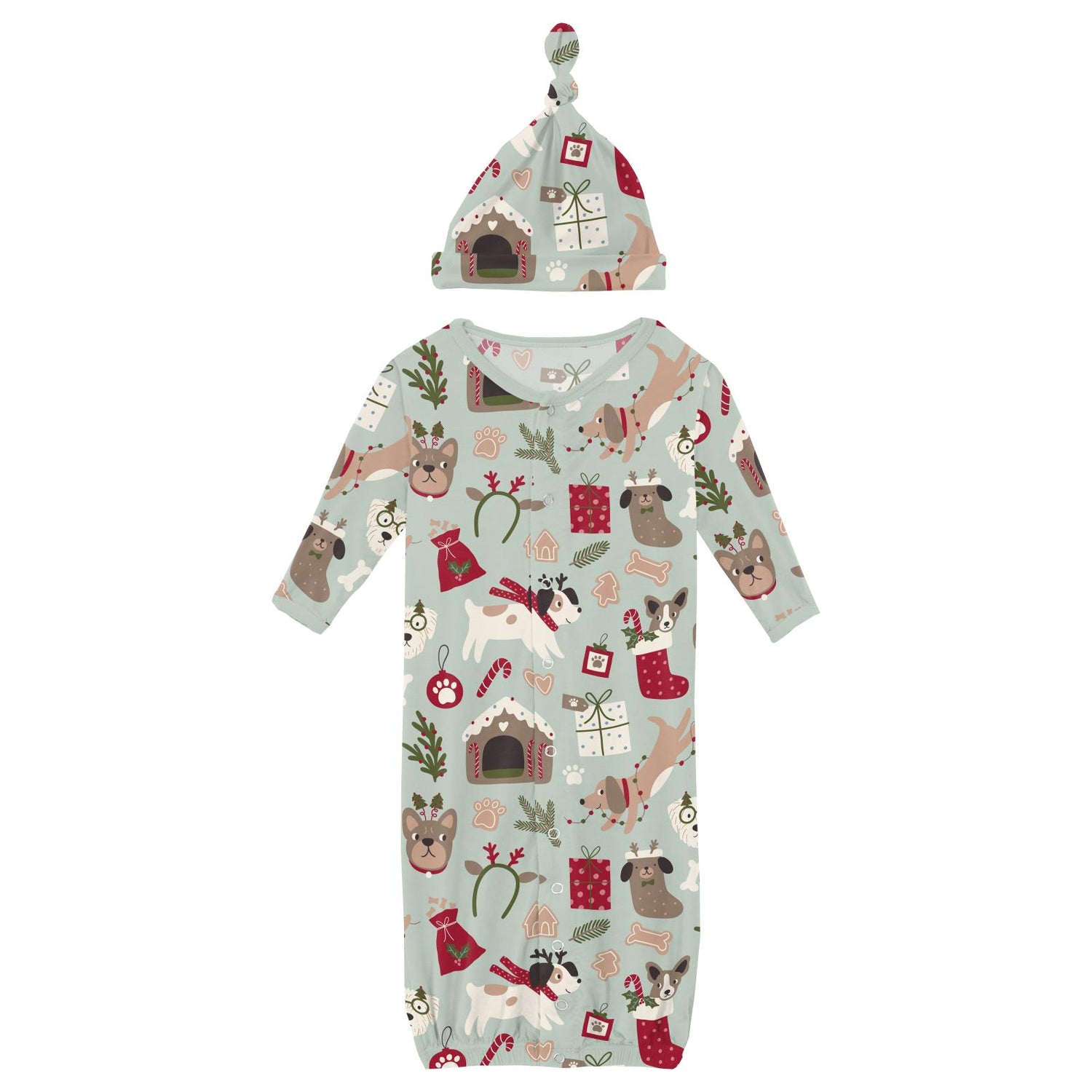 Print Layette Gown Converter & Single Knot Hat Set in Aloe Christmas Dogs (343208)