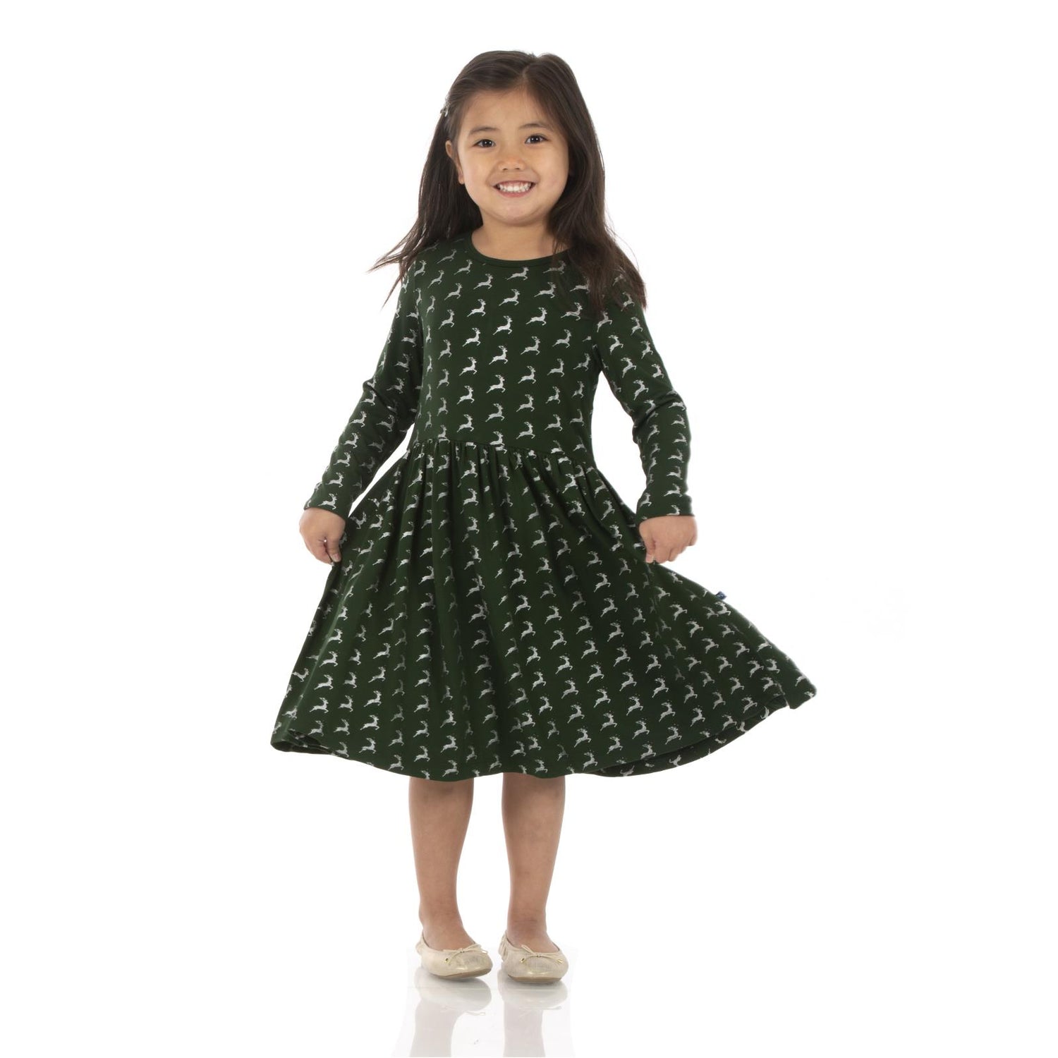 Print Long Sleeve Twirl Dress in Mountain View Reindeer (139667)
