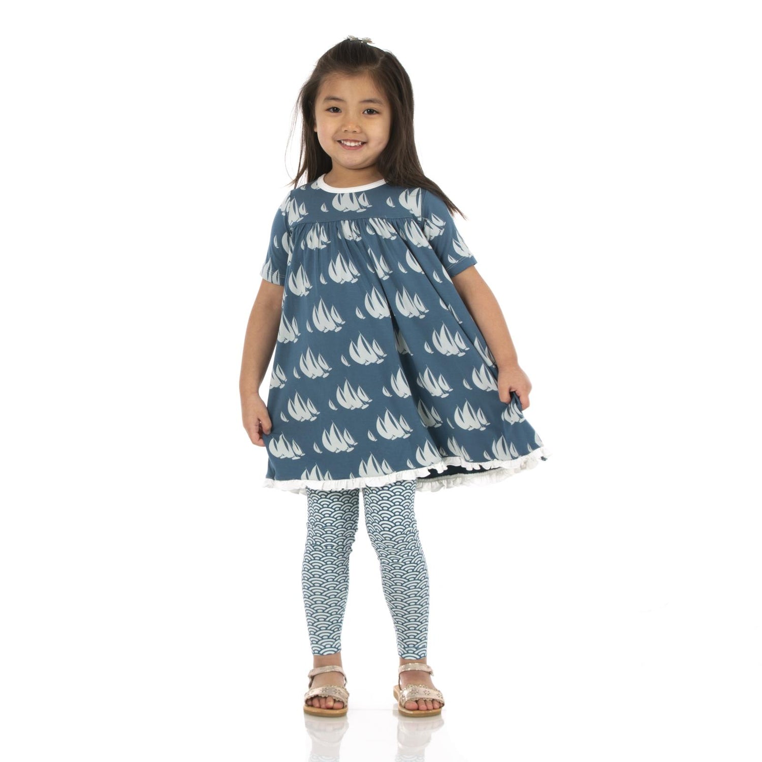 Print Short Sleeve Swing Dress in Deep Sea Sailboat Race (140859)