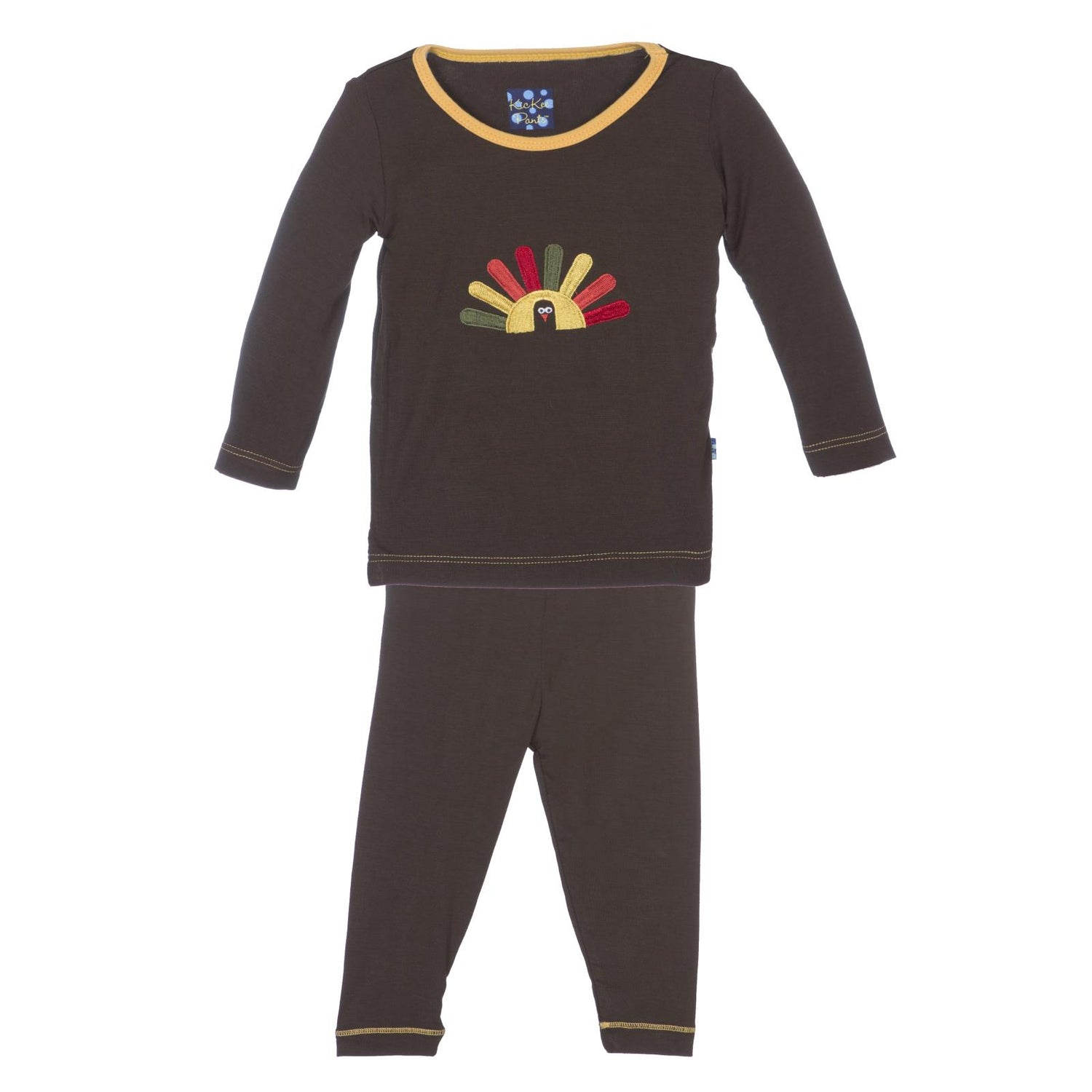 Holiday Long Sleeve Applique Pajama Set in Bark Turkey with Fuzzy Bee Trim (349986)