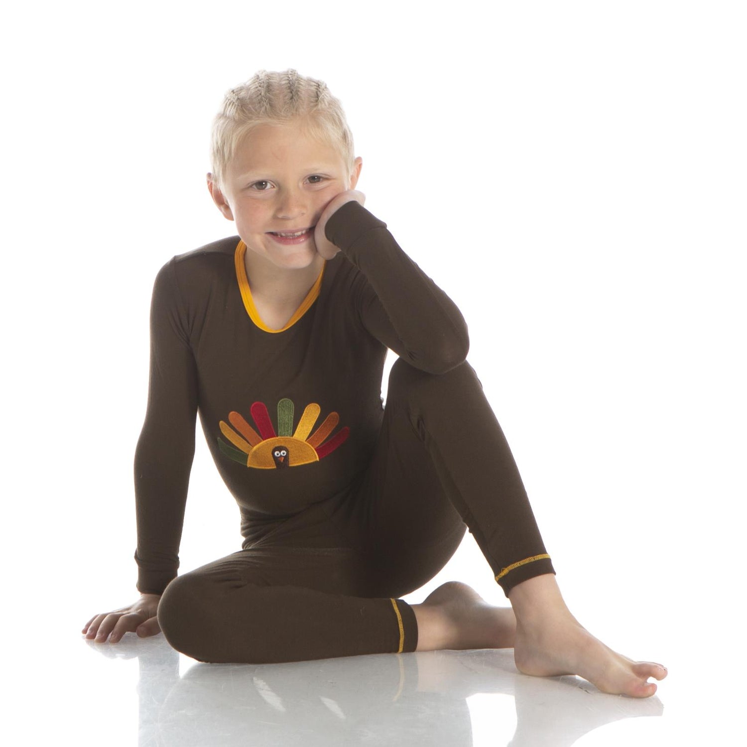 Holiday Long Sleeve Applique Pajama Set in Bark Turkey with Fuzzy Bee Trim (349987)