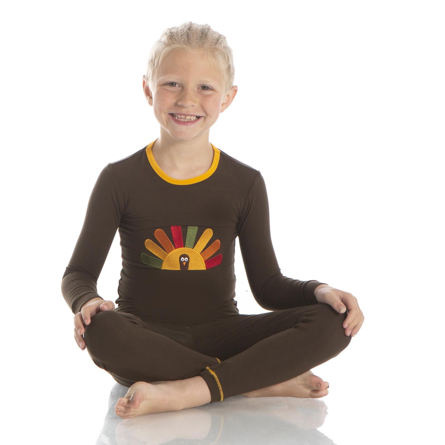 Holiday Long Sleeve Applique Pajama Set in Bark Turkey with Fuzzy Bee Trim (350000)