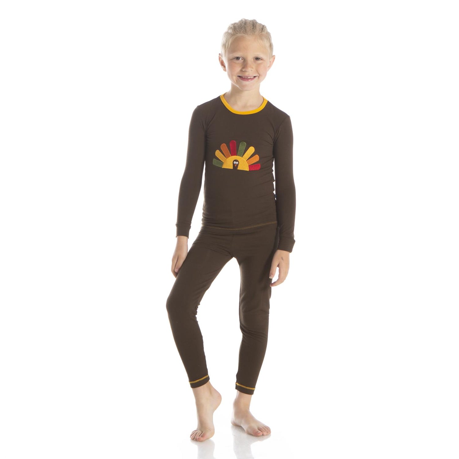 Holiday Long Sleeve Applique Pajama Set in Bark Turkey with Fuzzy Bee Trim (350012)