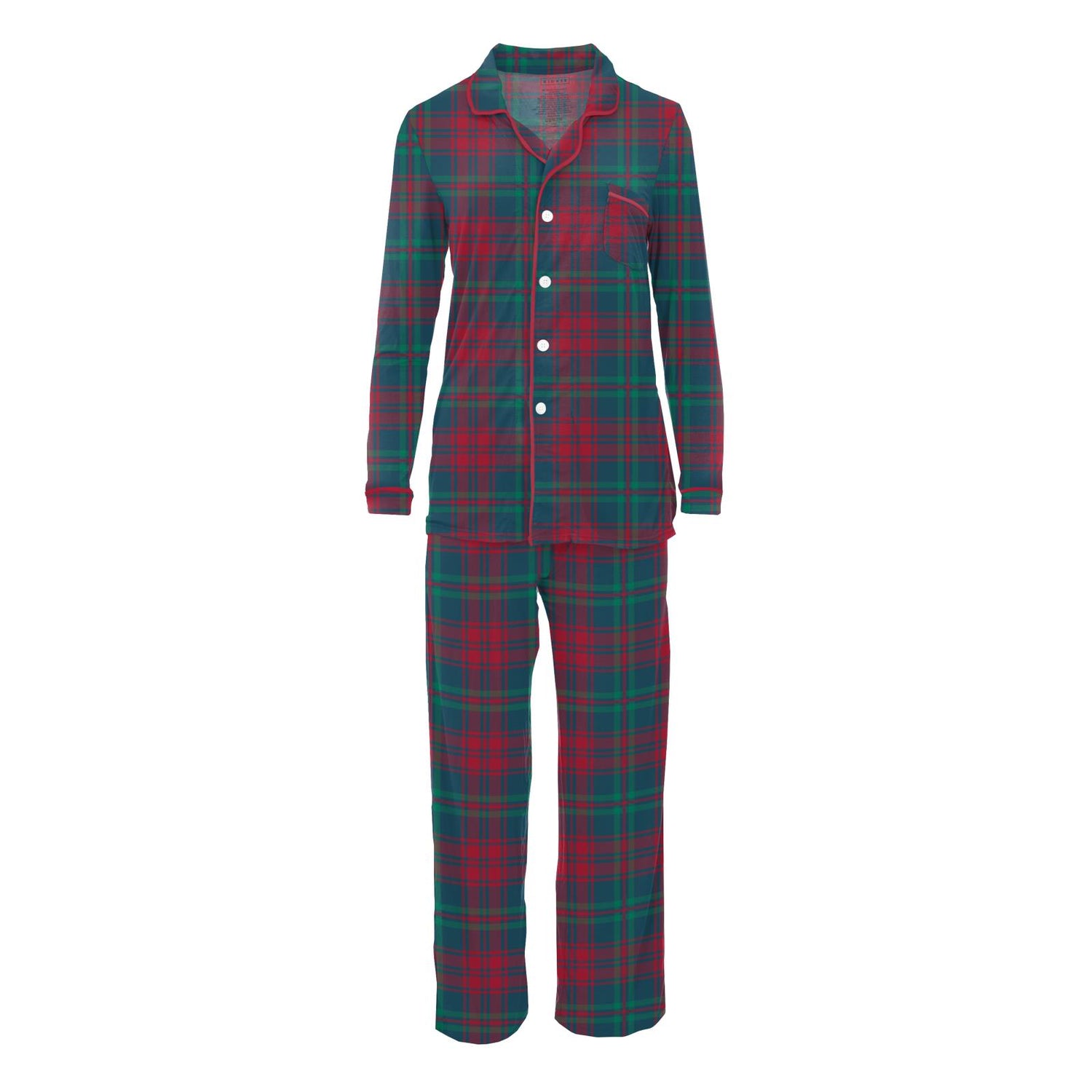 Women's Print Long Sleeve Collared Pajama Set in Peacock Plaid