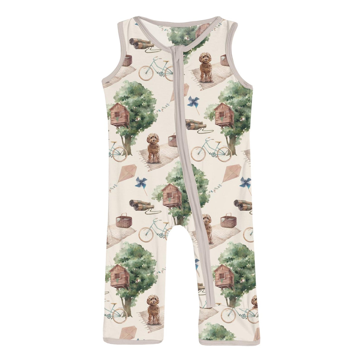 Print Finn Zip Tank Romper in Natural Tree House (341664)