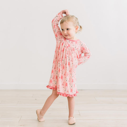 Print Long Sleeve Swing Dress in Baby Rose Ballet Dancers (352914)