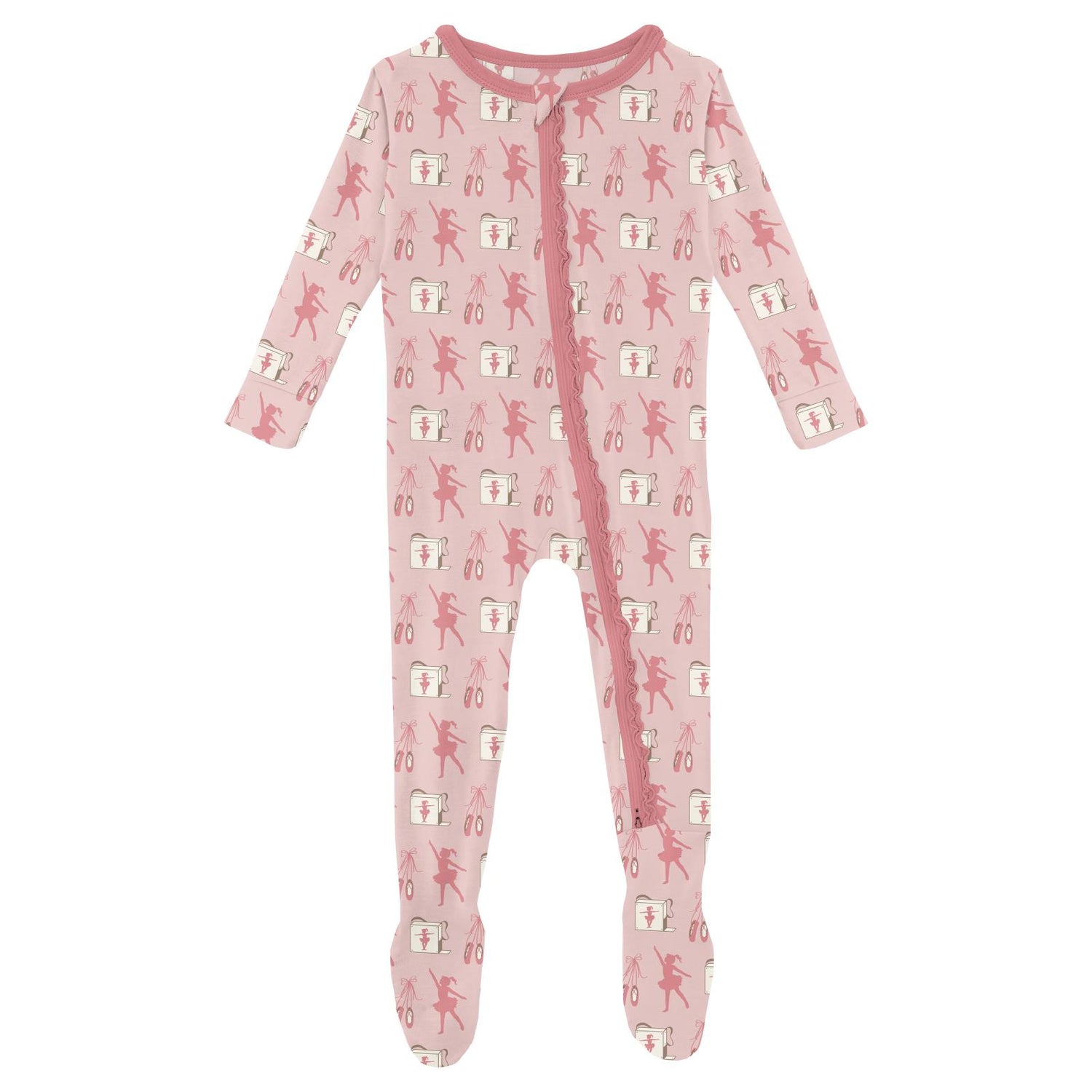 Print Muffin Ruffle Footie with 2 Way Zipper in Baby Rose Ballet Dancers (352927)