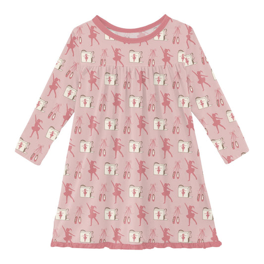 Print Long Sleeve Swing Dress in Baby Rose Ballet Dancers (353011)