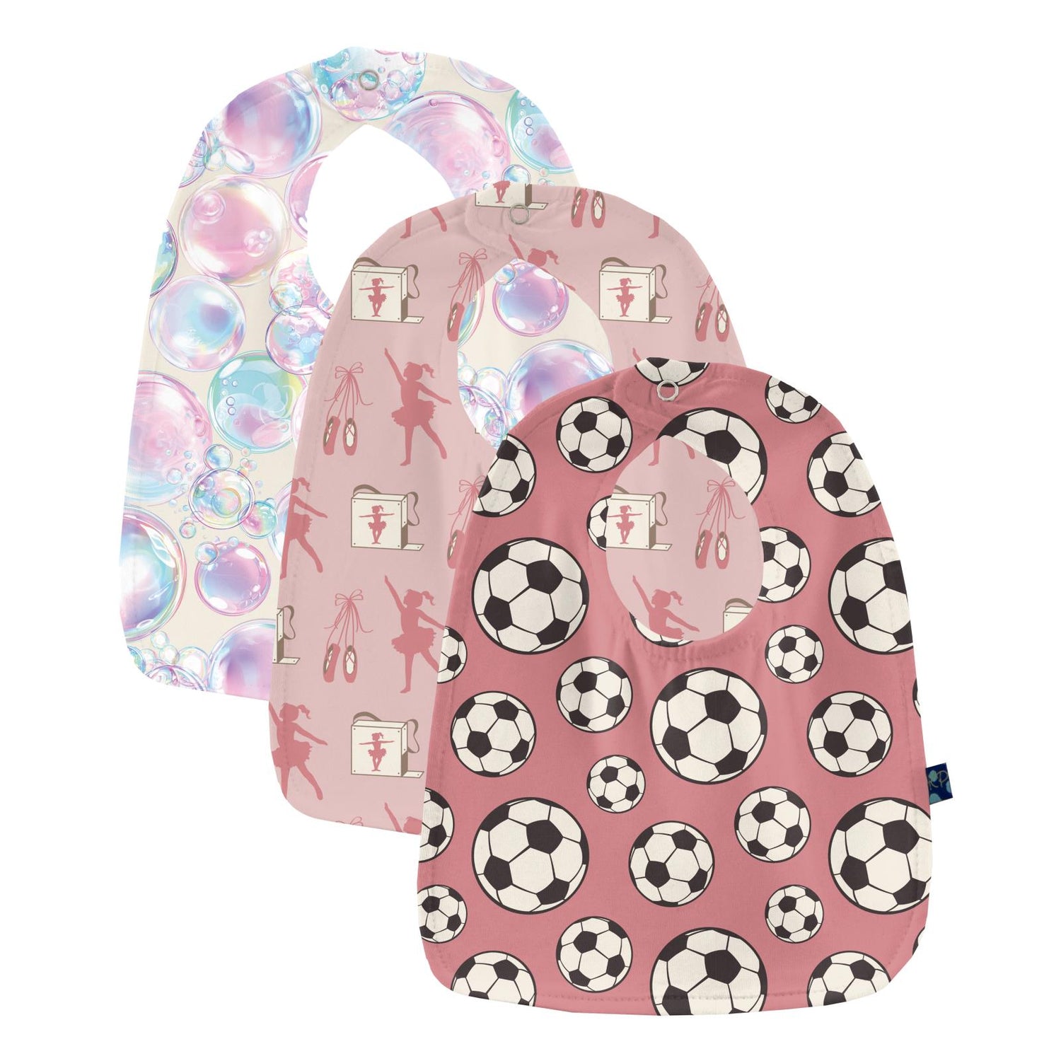 Print Bib Set of 3 in Baby Rose Ballet Dancers, Natural Bubbles & Desert Rose Soccer (353426)