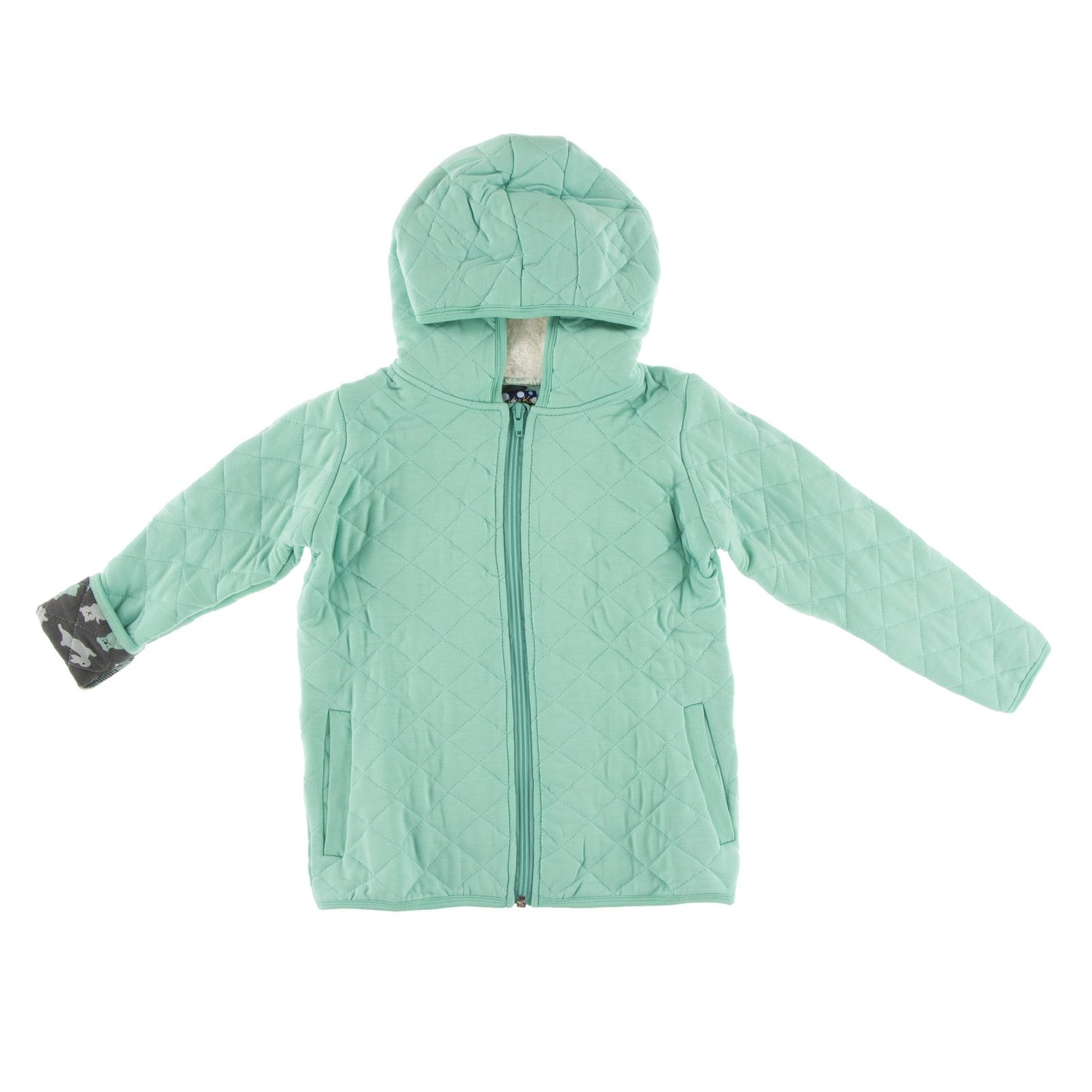 Print Quilted Jacket with Sherpa-Lined Hood in Glass/Stone Domestic Animals (383903)