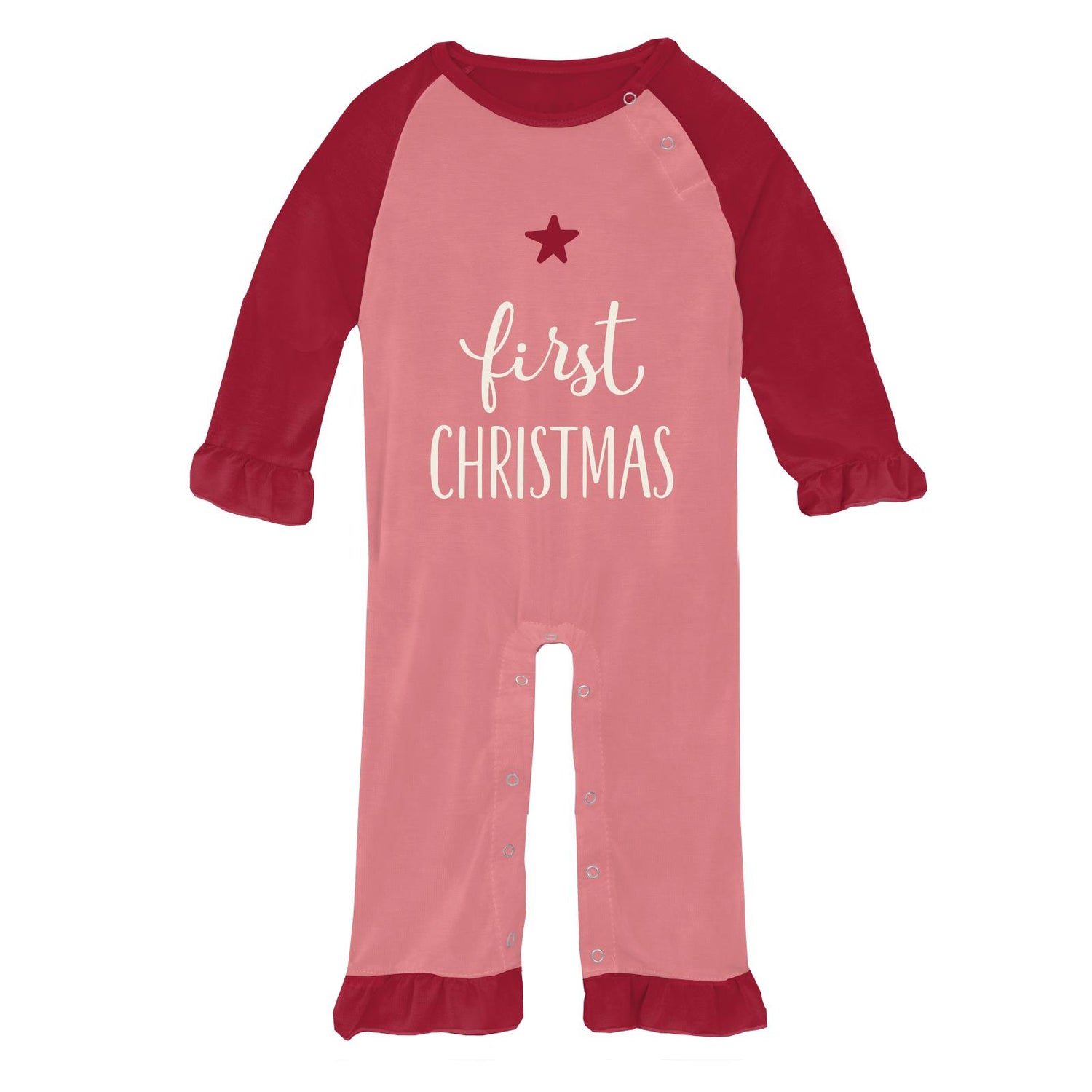 Graphic Ruffle Raglan Romper in Strawberry First Christmas (209888)