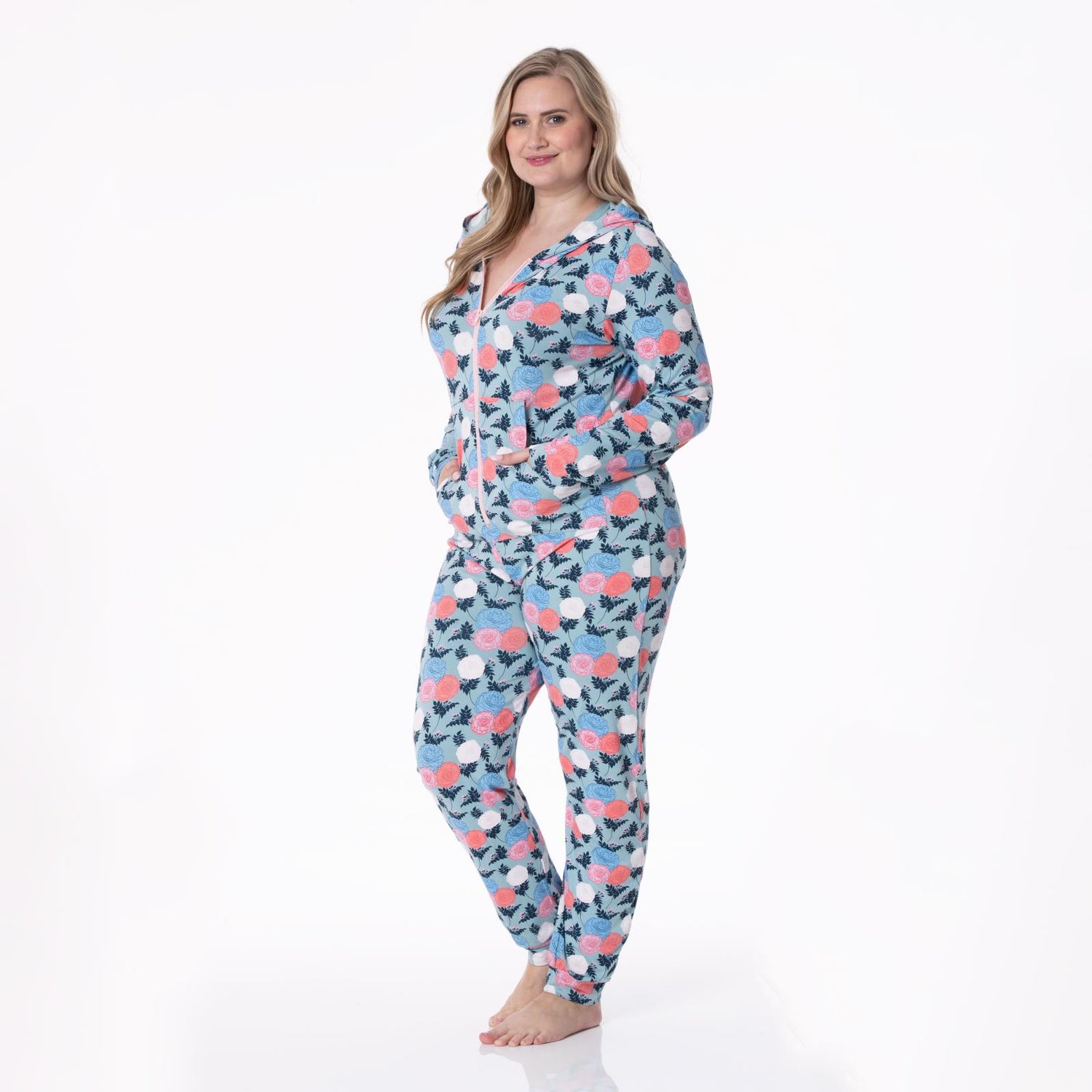 Women's Print Long Sleeve Jumpsuit with Hood in Stormy Sea Enchanted Floral