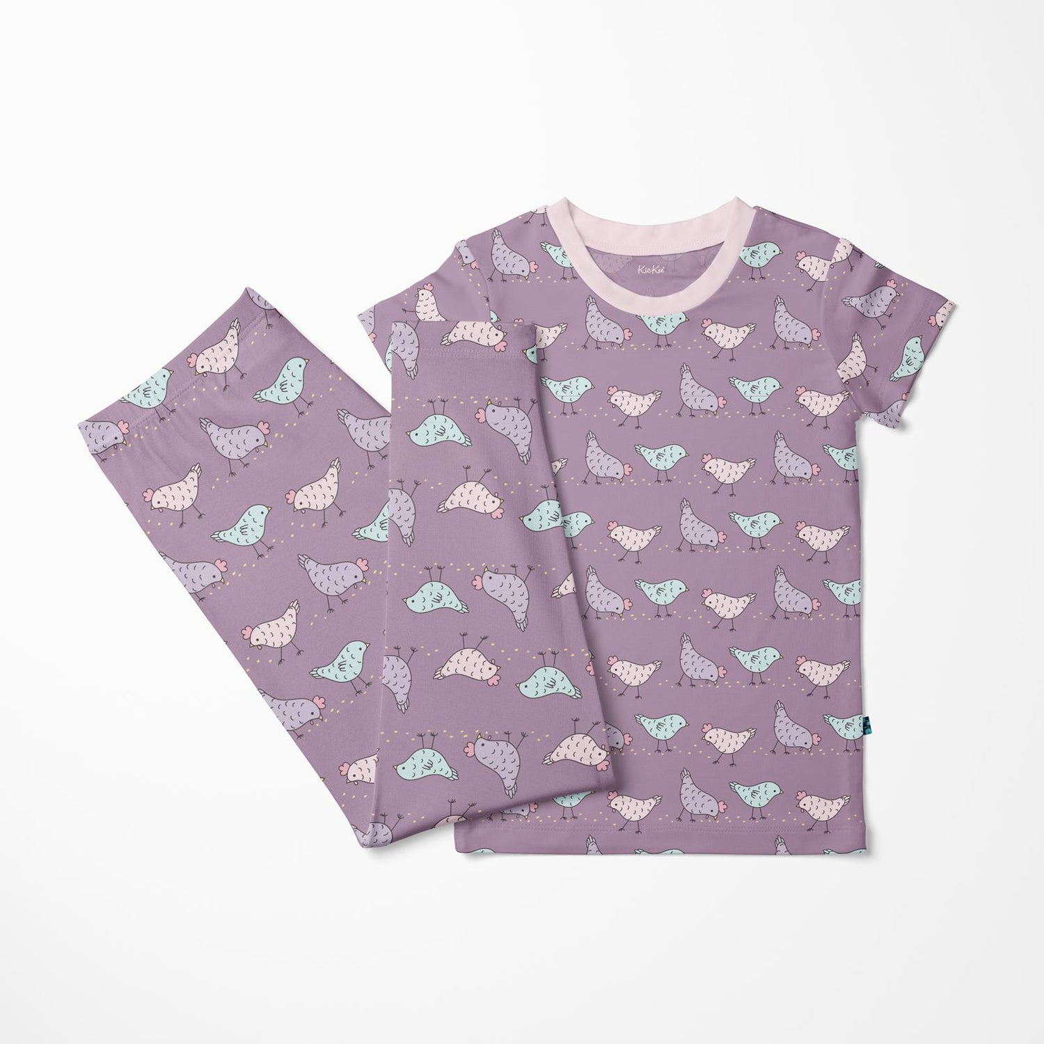 Print Short Sleeve Pajama Set in Lavender Chickens with Shrinking Violet Trim (376838)