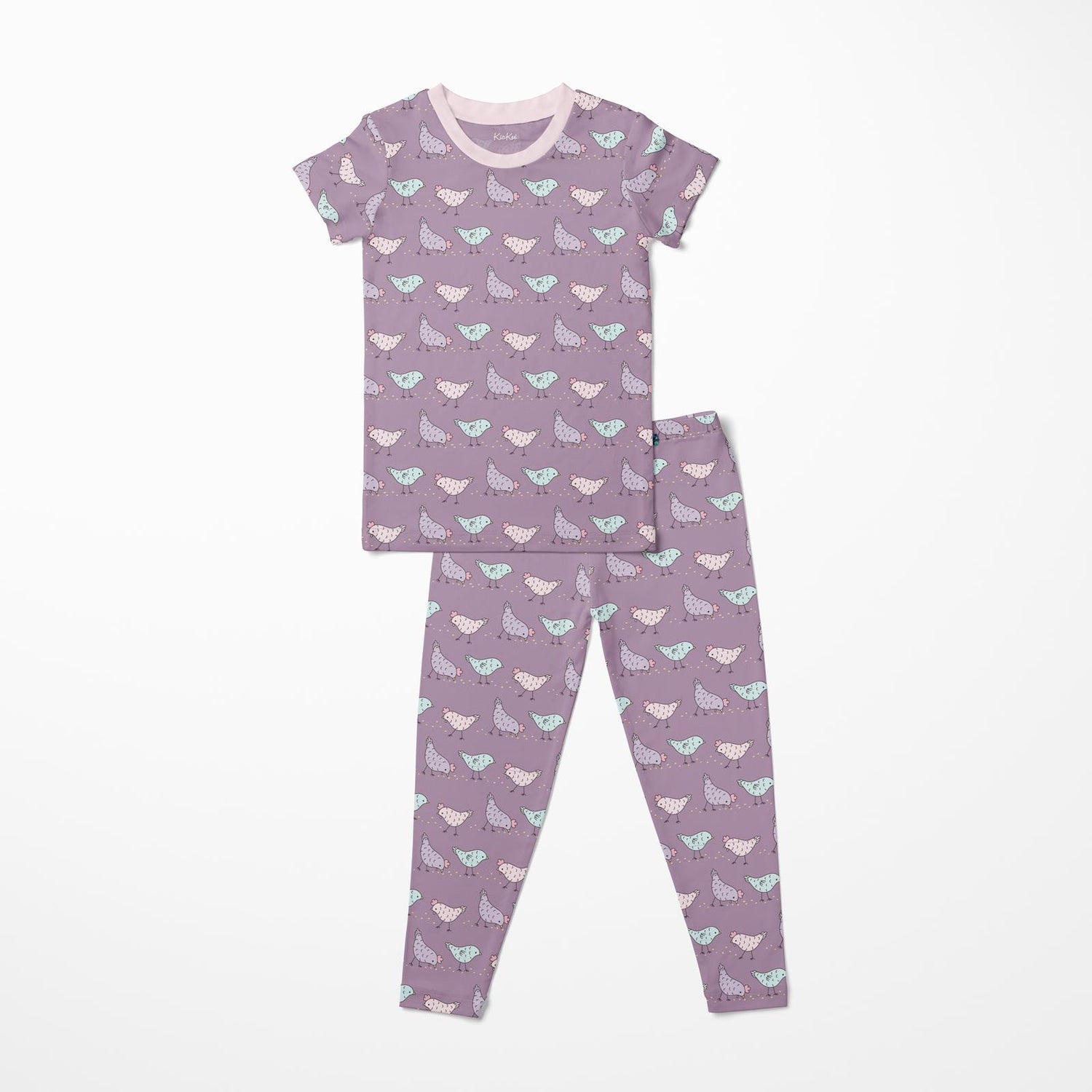Print Short Sleeve Pajama Set in Lavender Chickens with Shrinking Violet Trim (376853)