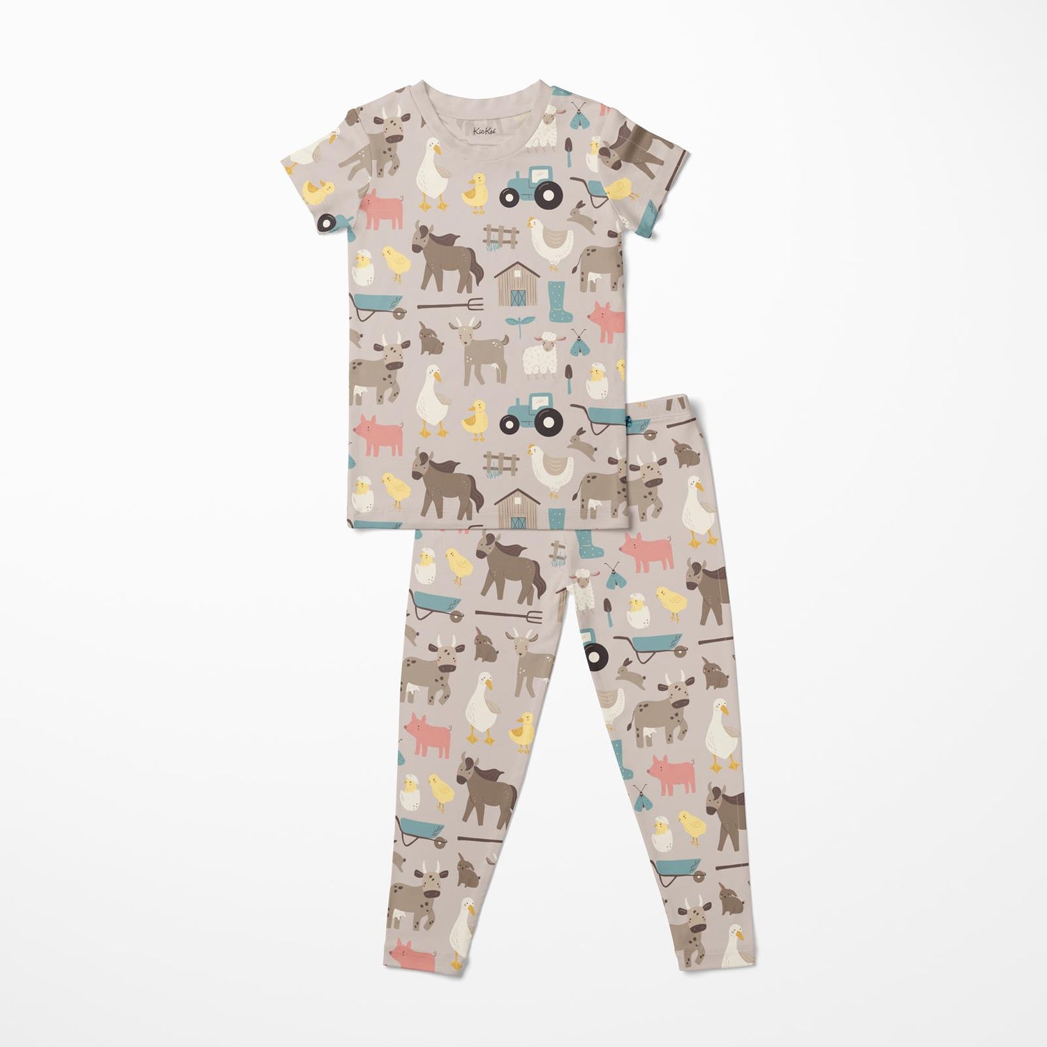 Print Short Sleeve Pajama Set in Latte Morning on the Farm with Latte Trim (376854)