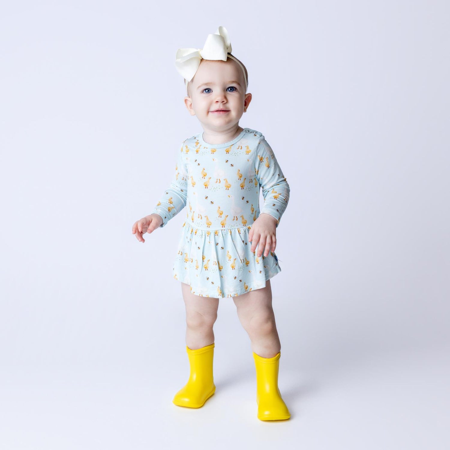 Print Long Sleeve Skirted One Piece in Spring Sky Feeding Ducks (341723)