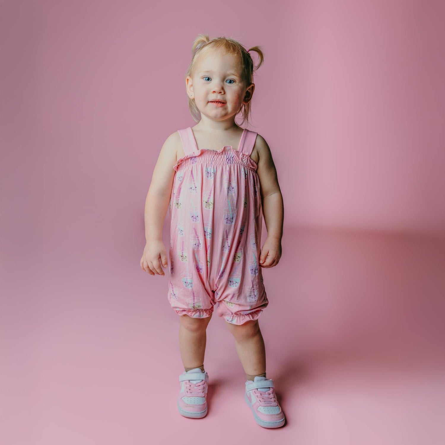 Print Gathered Romper in Cake Pop Boba (362244)