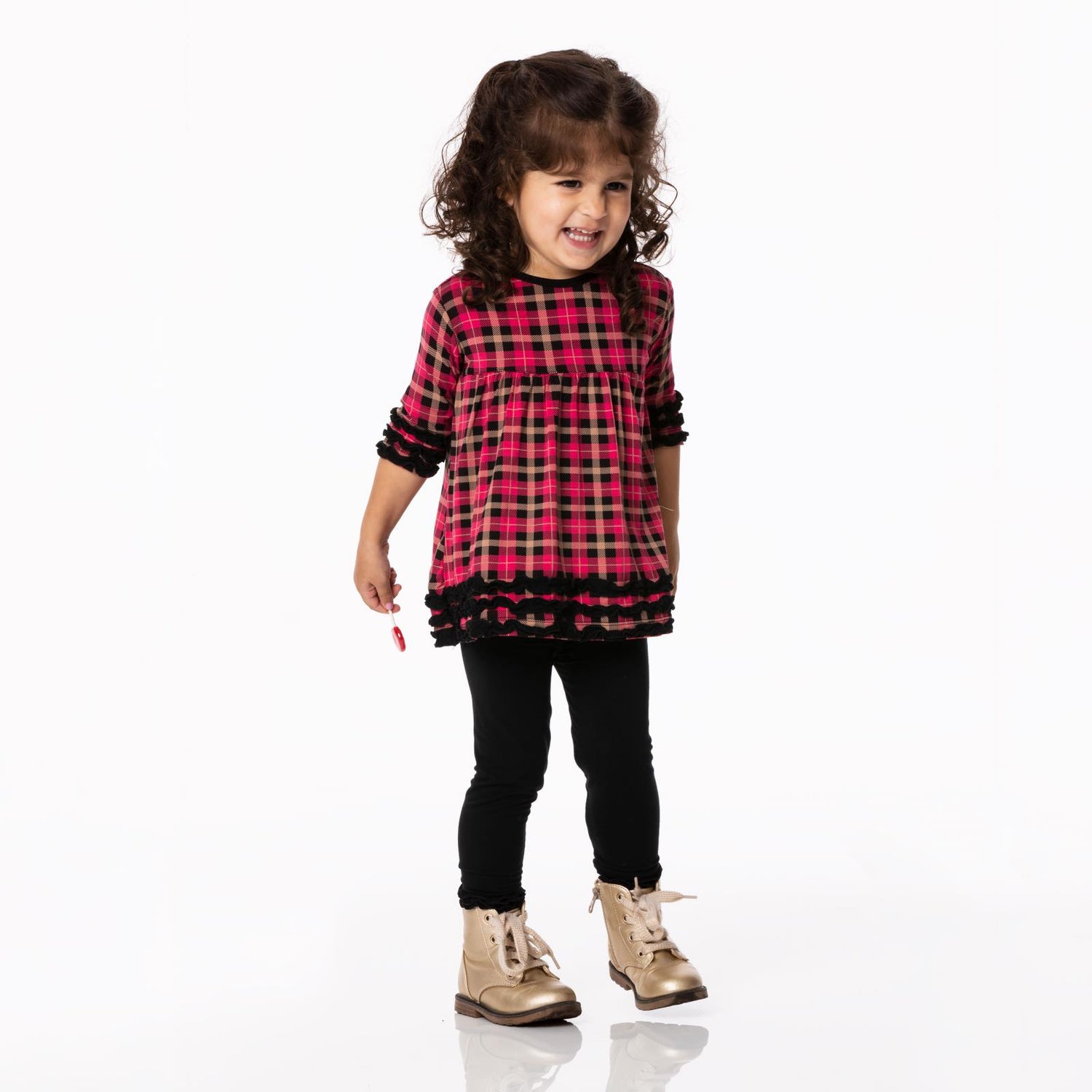 Print Long Sleeve Babydoll Outfit Set in 90's Plaid (262385)