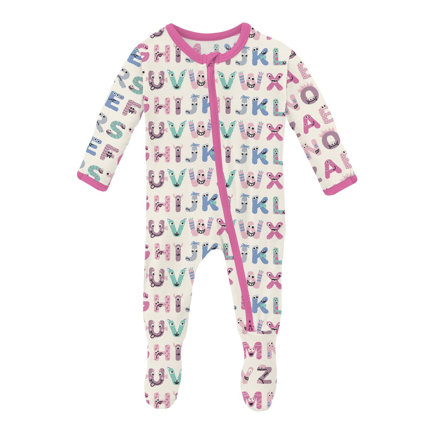 Print Footie with 2 Way Zipper in Natural ABC Monsters