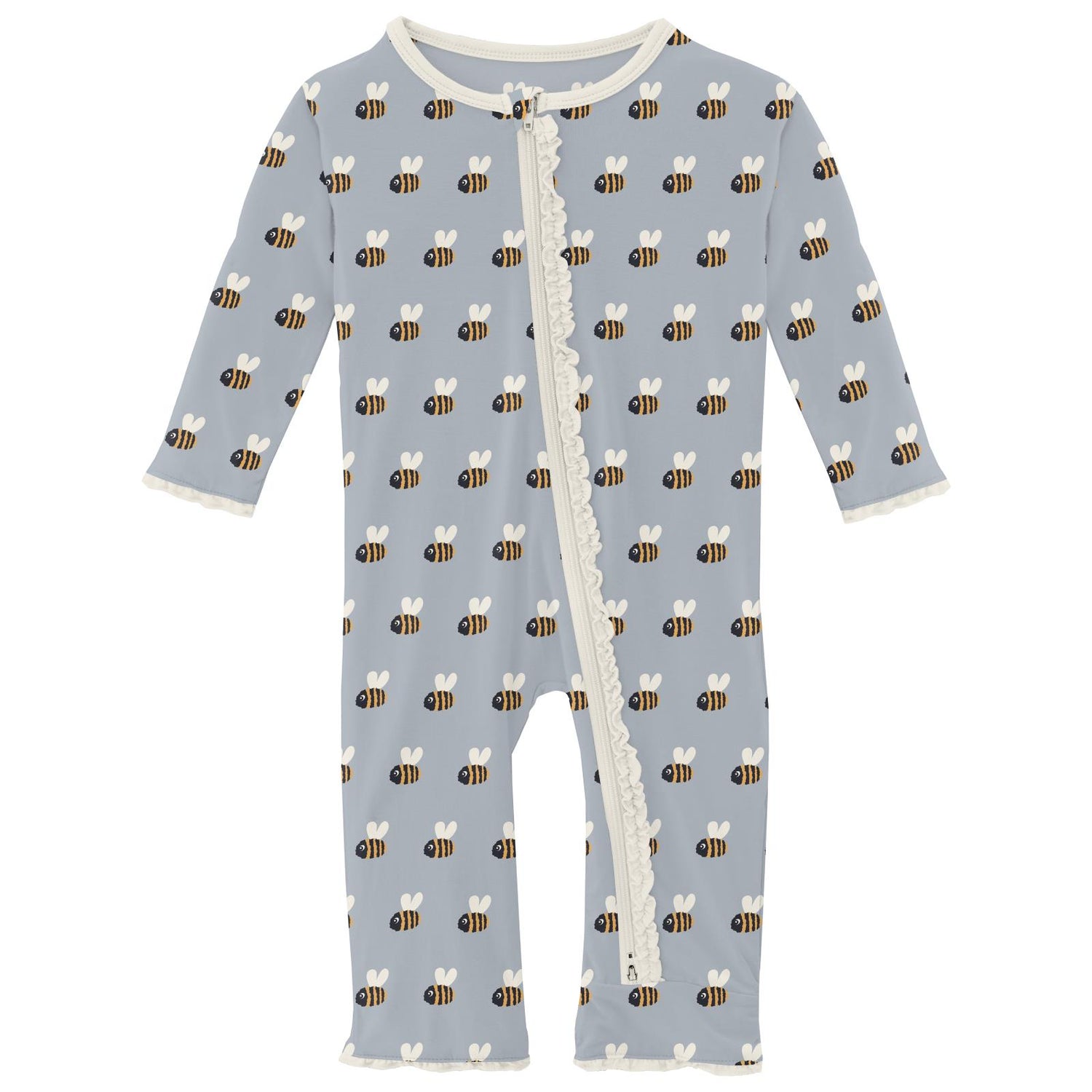 Print Muffin Ruffle Coverall with 2 Way Zipper in Pearl Blue Baby Bumblebee