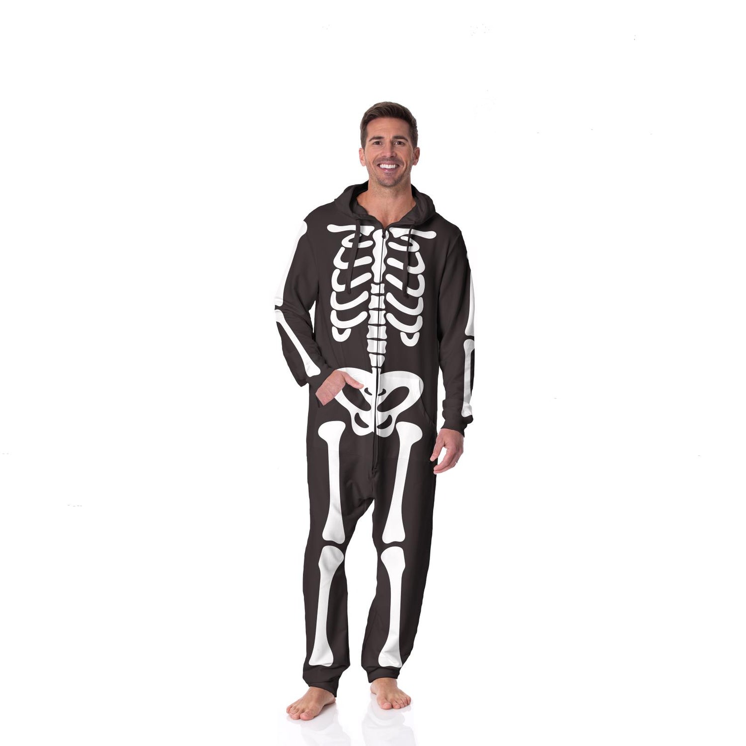 Adult Graphic Fleece Jumpsuit with Hood in Midnight Skeleton (275511)