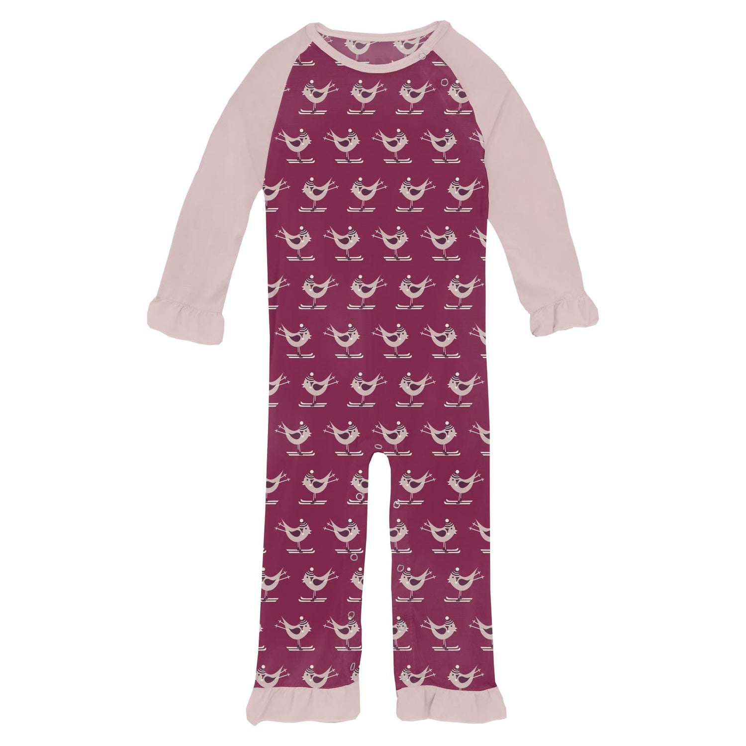 Print Long Sleeve Ruffle Raglan Romper in Berry Ski Birds (257347)