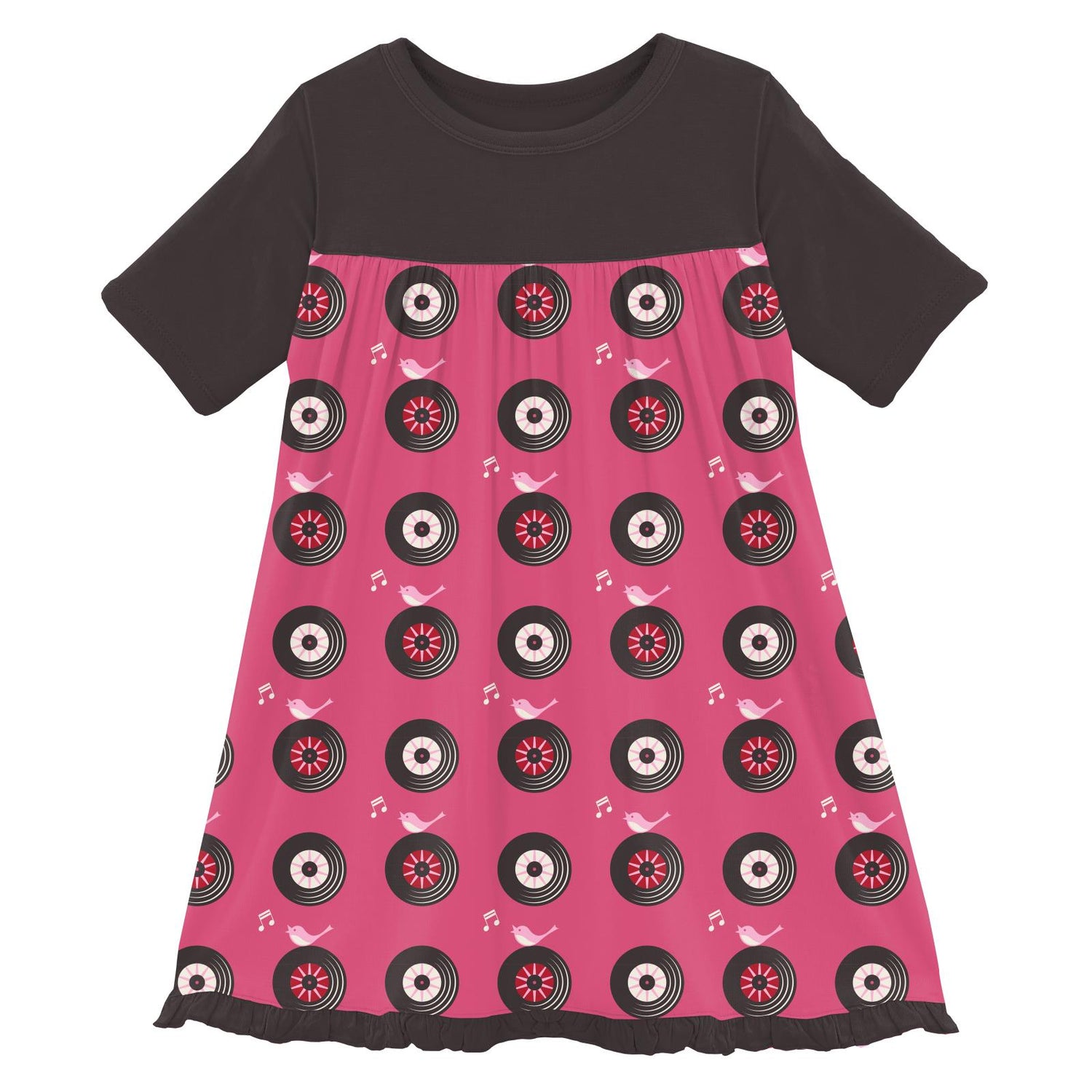 Print Short Sleeve Swing Dress in Flamingo Record Birds (240750)