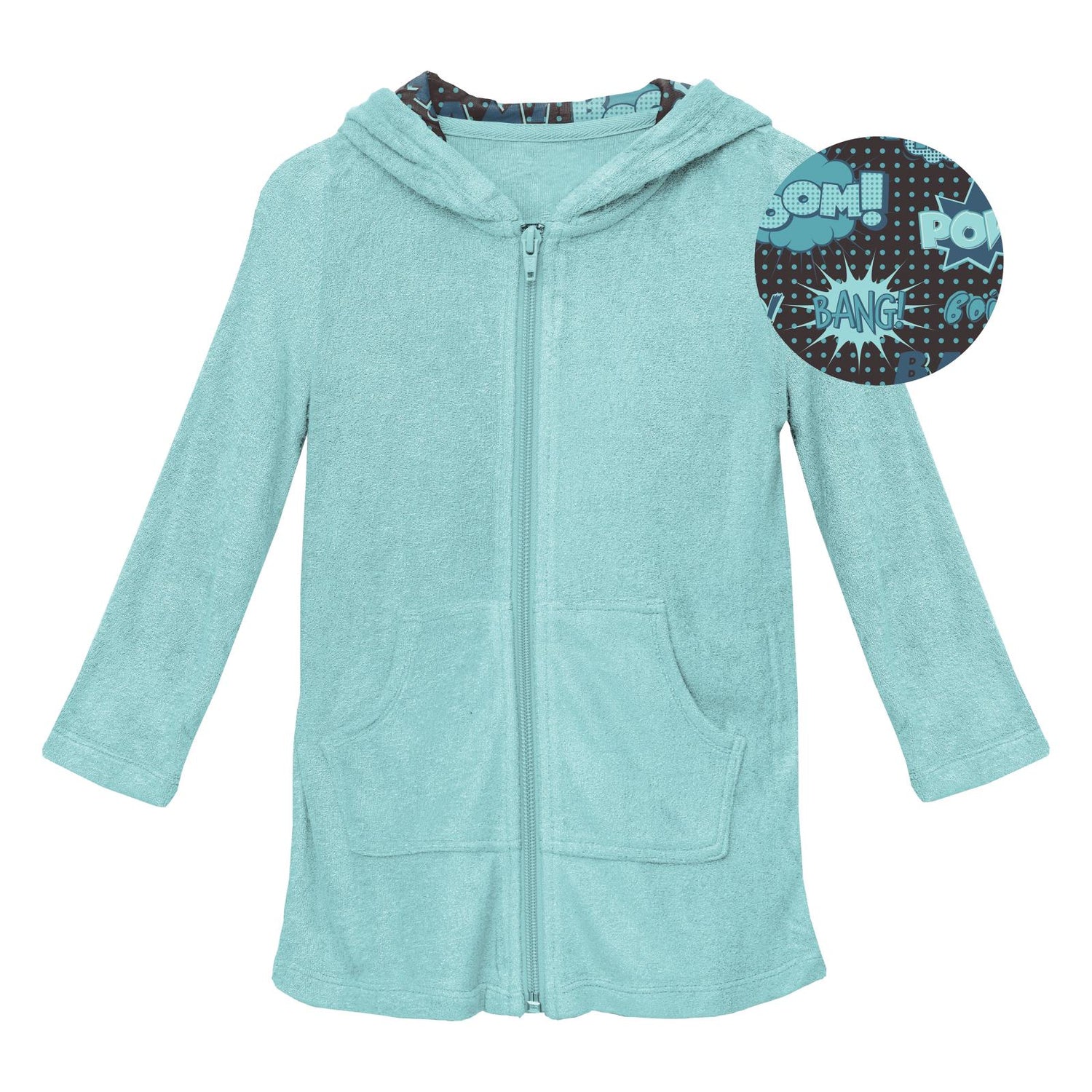 Terry Zip-Front After Swim Robe with Lined Hood in Summer Sky with Midnight Comic Onomatopoeia (242449)