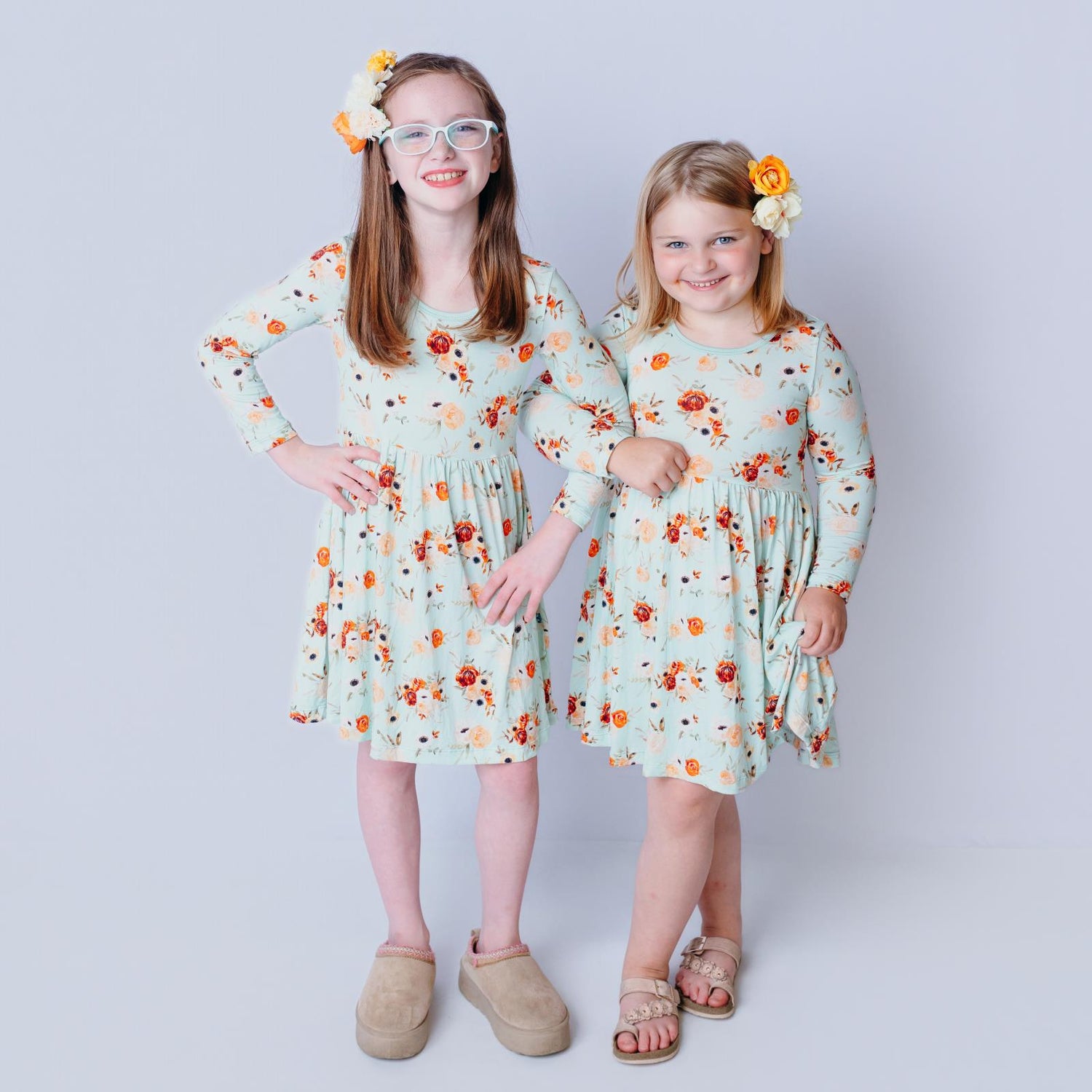 Print Long Sleeve Twirl Dress with Pockets in Aloe Fall Floral (359836)