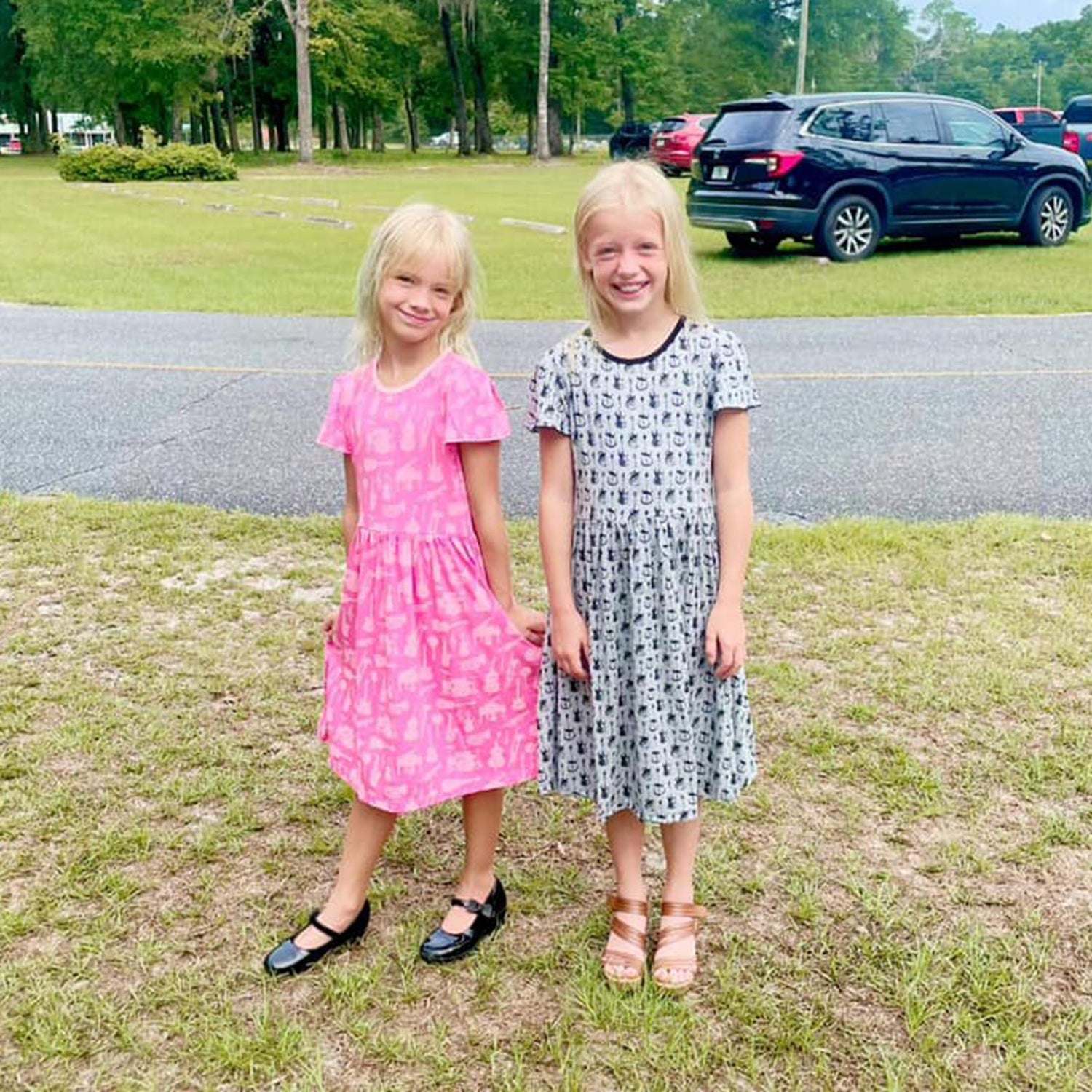 Print Flutter Sleeve Twirl Dress with Pockets in Heathered Gray Rock and Roll (341026)