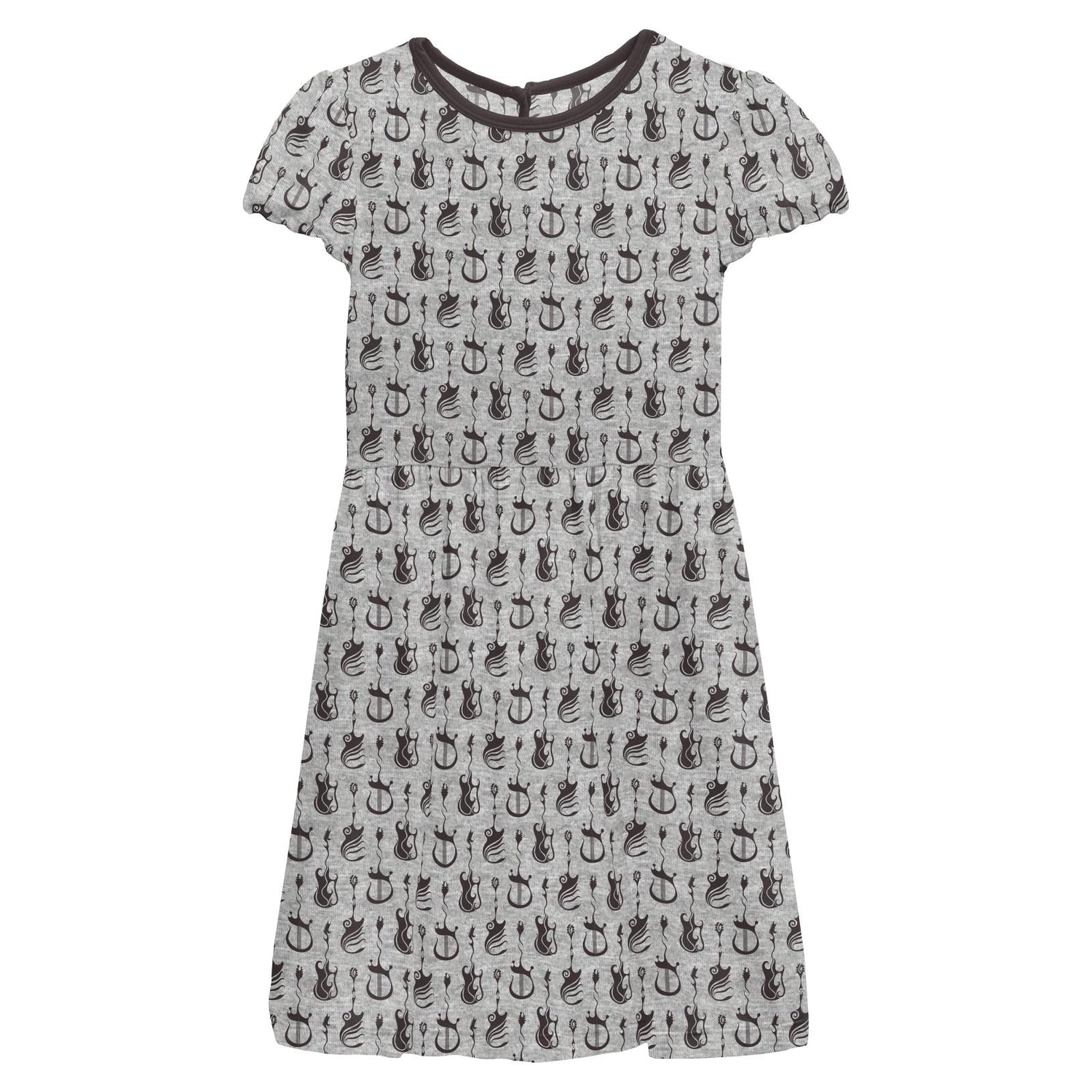 Print Flutter Sleeve Twirl Dress with Pockets in Heathered Gray Rock and Roll (341030)