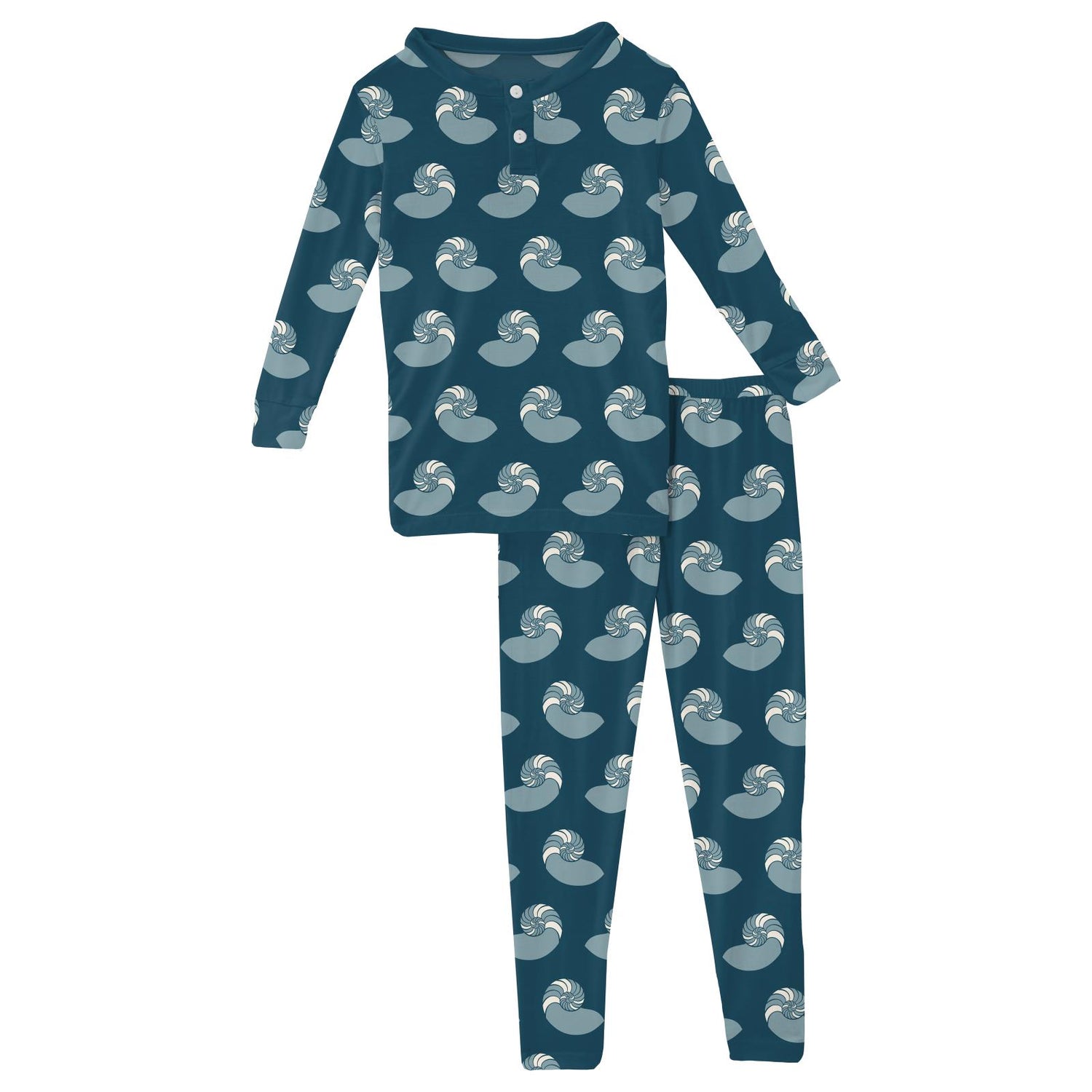 Print Long Sleeve Henley Pajama Set in Peacock Nautilus (308964)