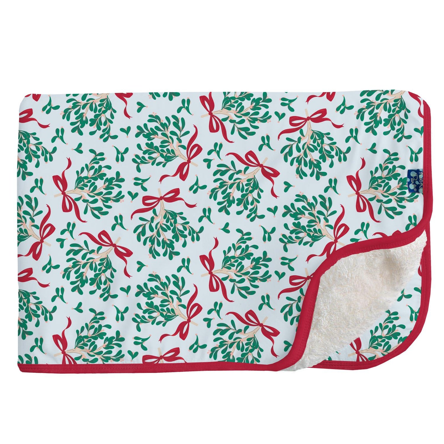 Print Sherpa-Lined Stroller Blanket in Illusion Blue Mistletoe & Ribbons